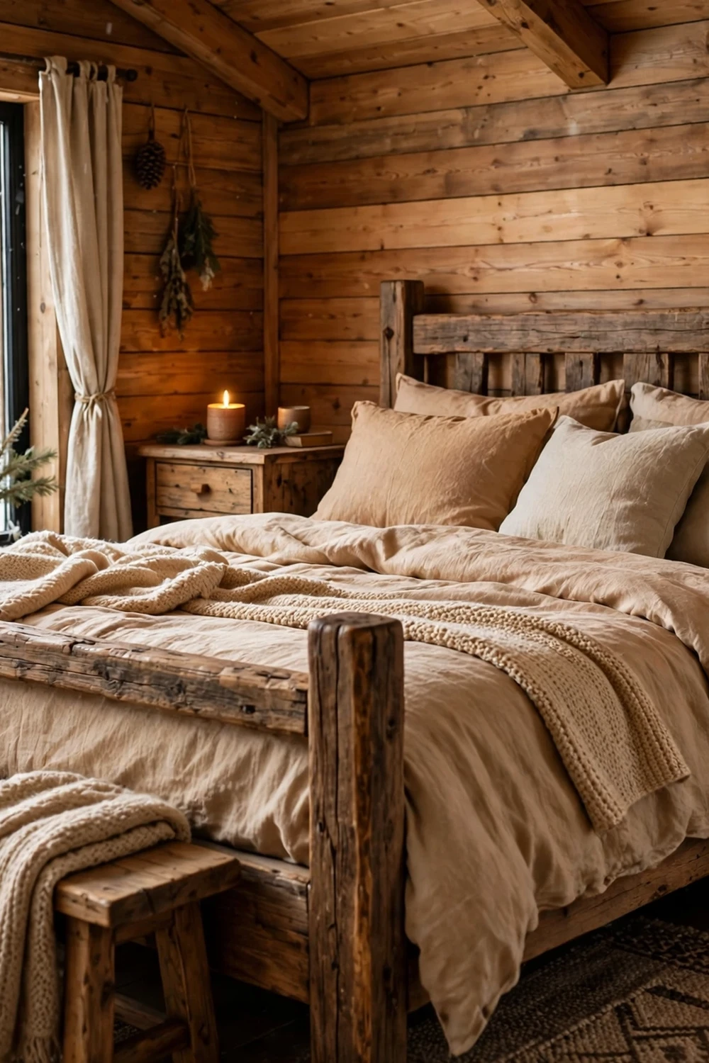 Cozy winter bedroom with wooden furniture and natural textures