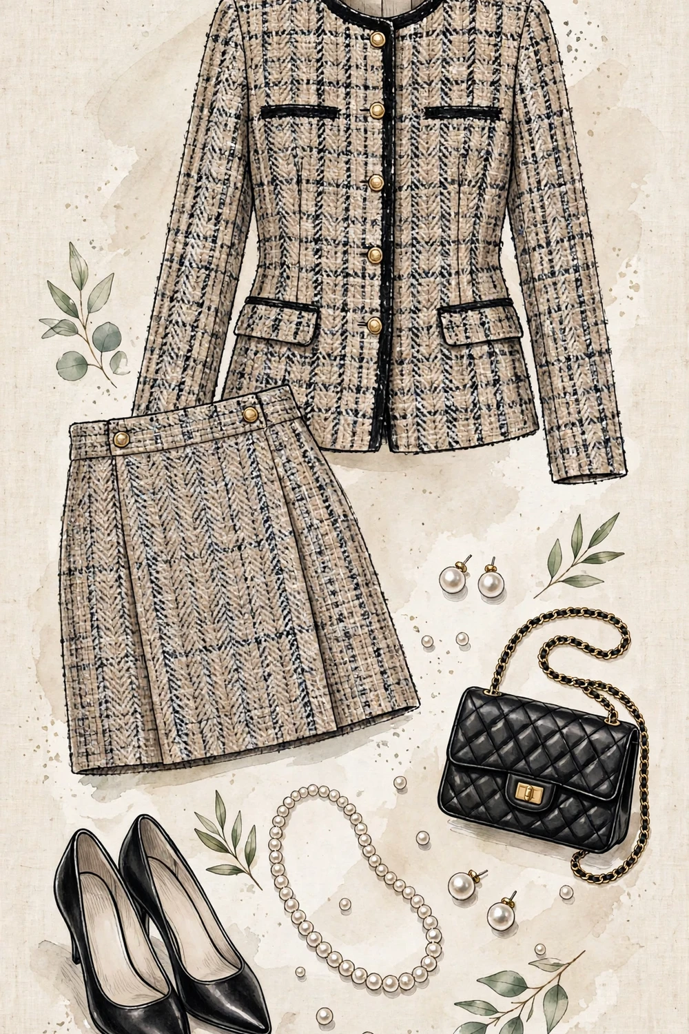 Affordable Parisian-inspired outfit flat lay with tweed-style skirt suit, black pumps, pearls and a small black bag