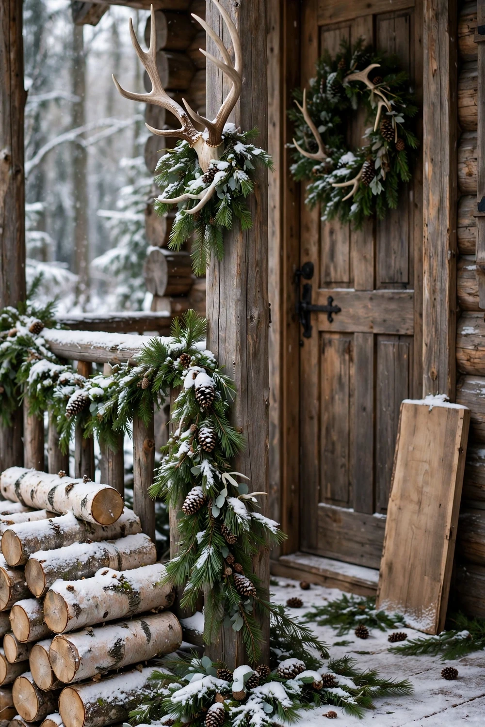 Woodland winter front porch with pinecones, antlers and birch logs