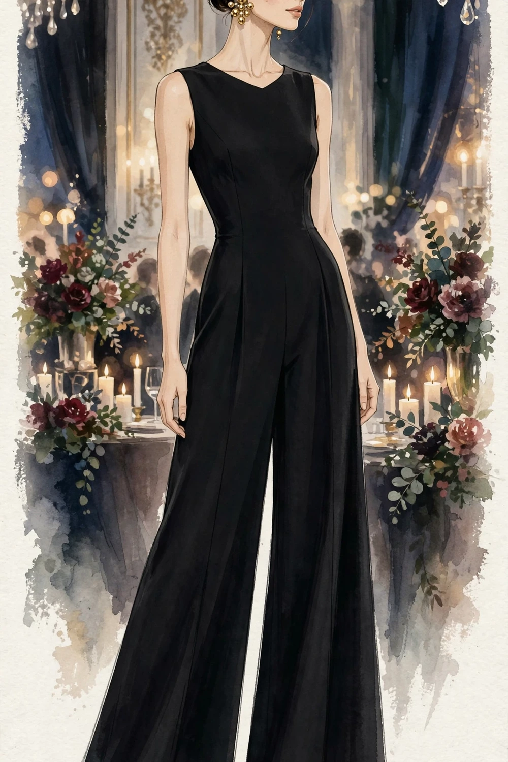 Minimal black wide-leg jumpsuit with statement stud earrings