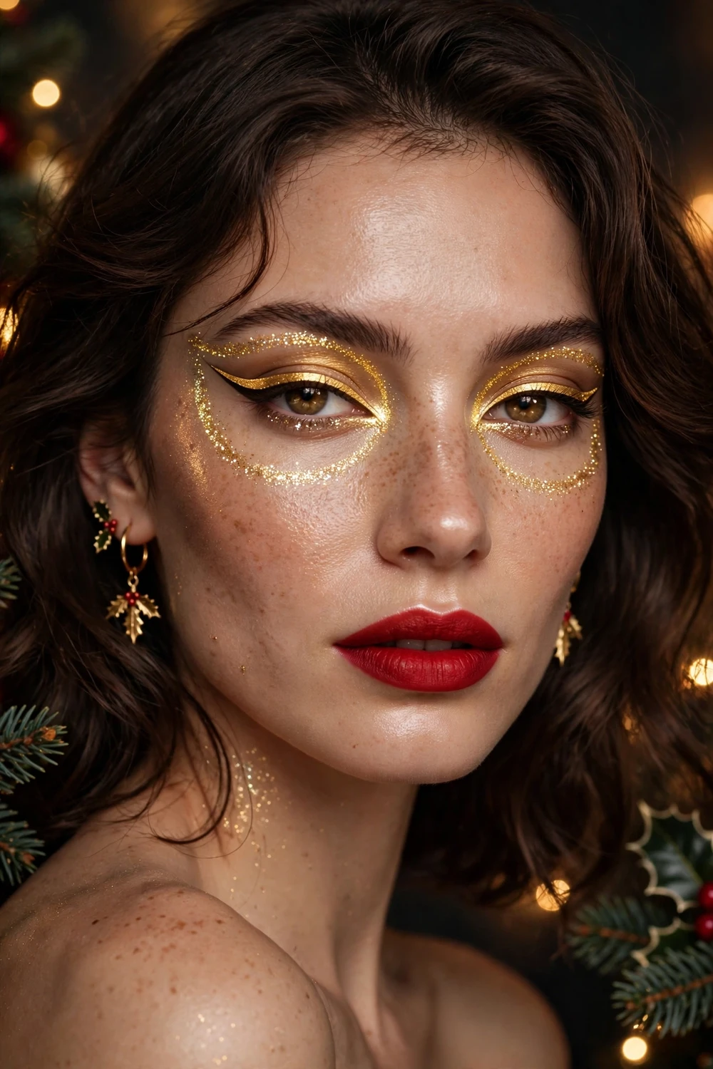 Golden halo winged liner Christmas makeup look with gold winged eyeliner and red lips