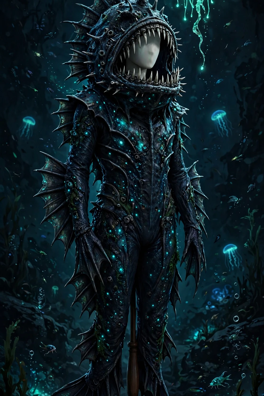 Creepy deep sea anglerfish Halloween costume idea with glowing lure headpiece