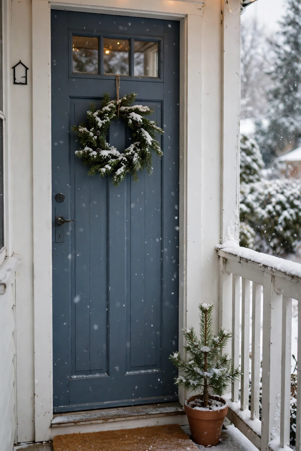 Simple budget-friendly winter front porch with wreath and lights