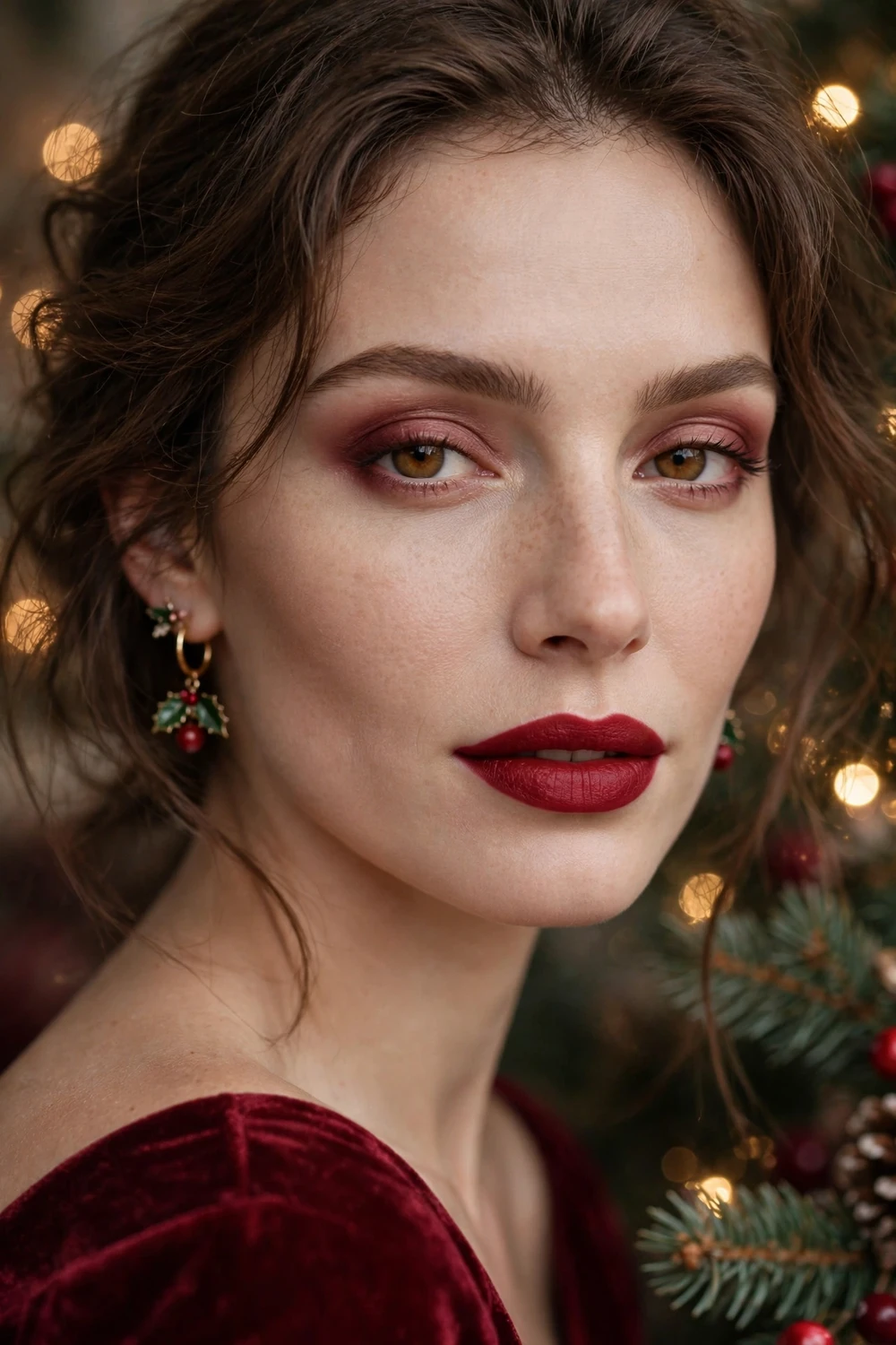 Cranberry velvet matte Christmas makeup look with matte cranberry lipstick and soft matte eyeshadow