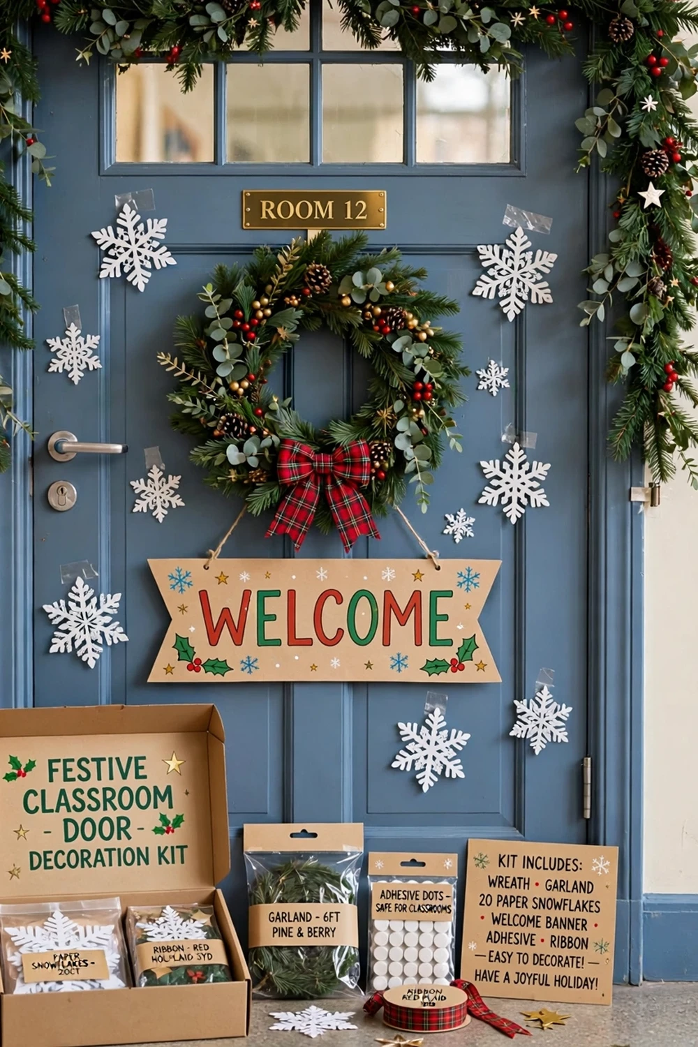 Classroom door decor kit with wreath, snowflakes and garland, a festive teacher christmas gift