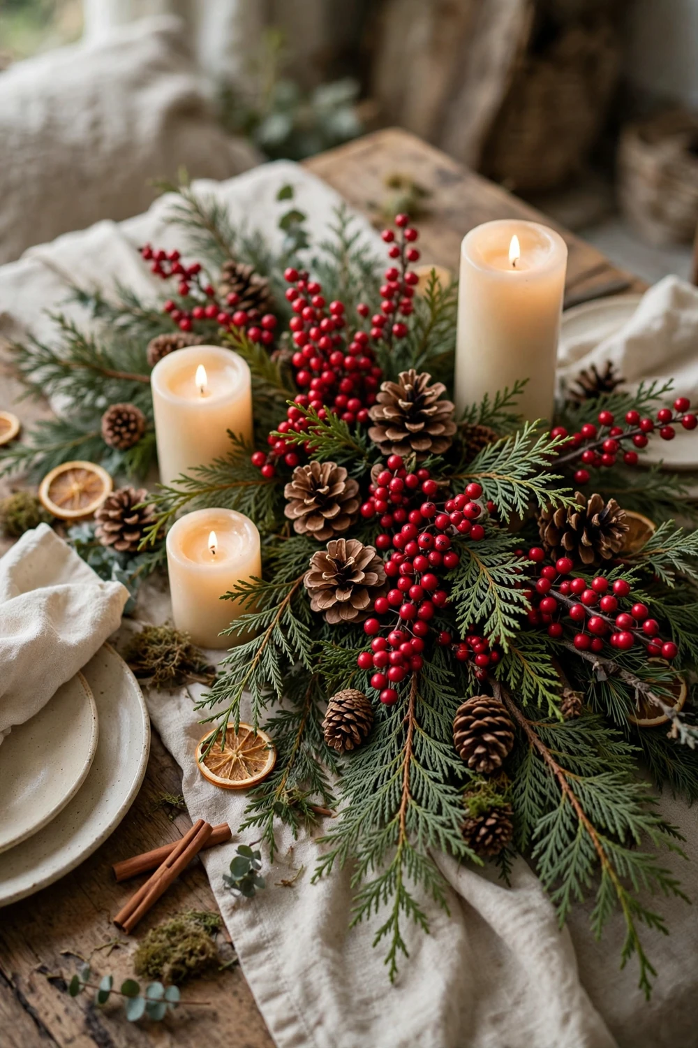 Berry and pinecone Christmas table with red berries, pinecones and cedar branches as a natural centerpiece