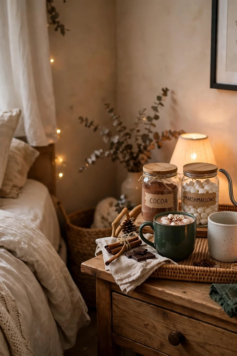 Cozy winter bedroom hot drink station on nightstand