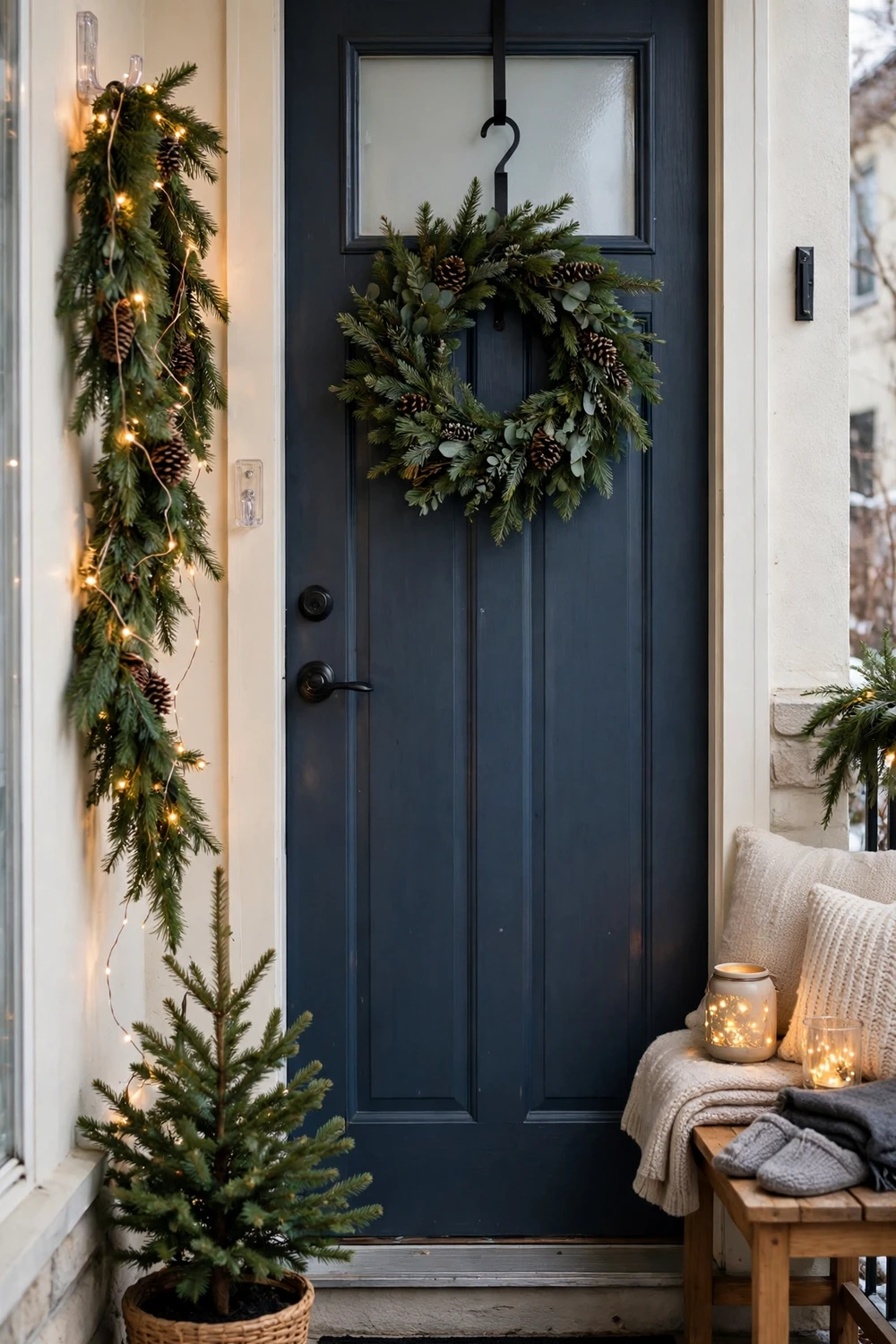 Renter-friendly winter front porch with freestanding planters and removable hooks