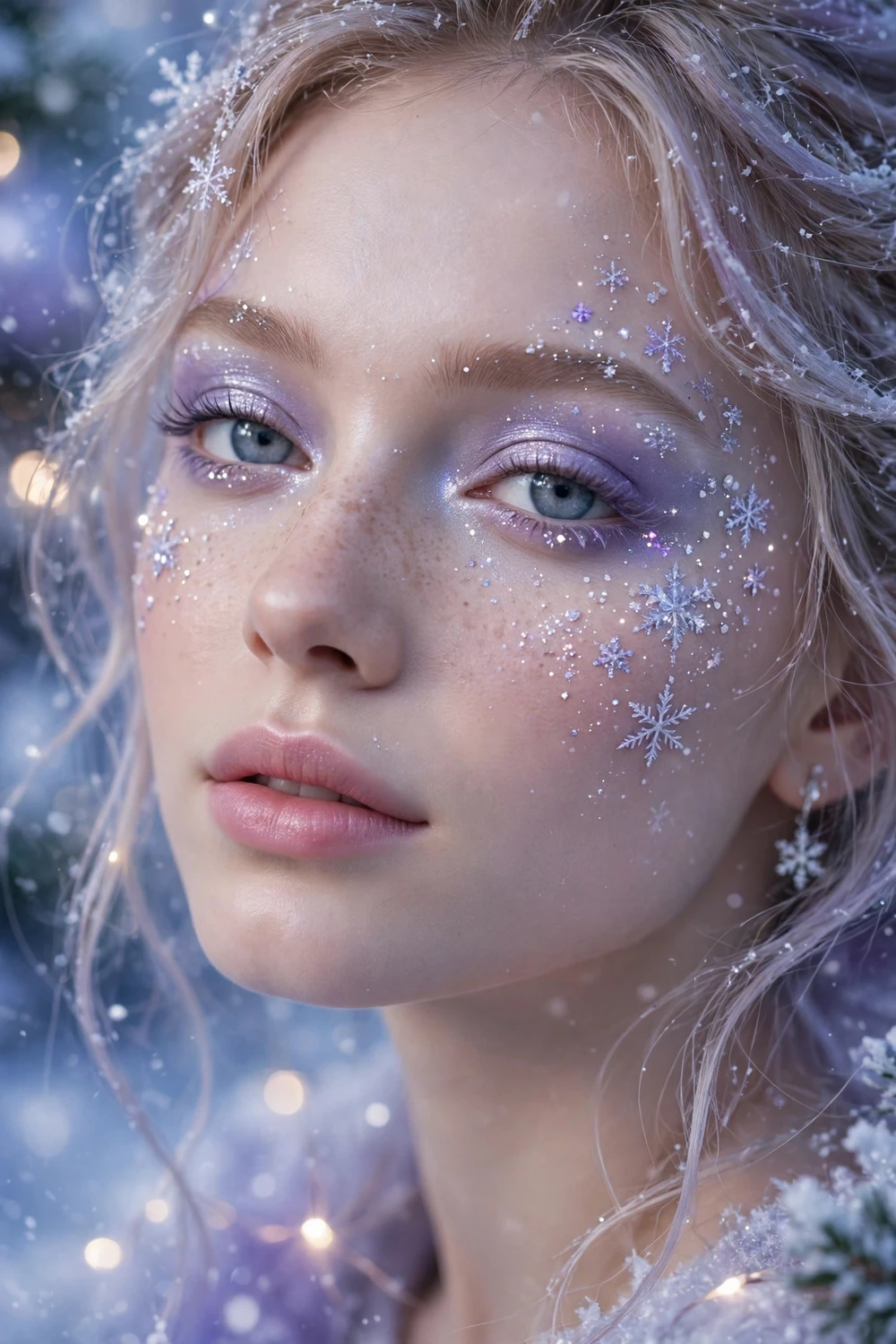 Icy lilac snowflake sparkle Christmas makeup look with lavender shimmer eyeshadow