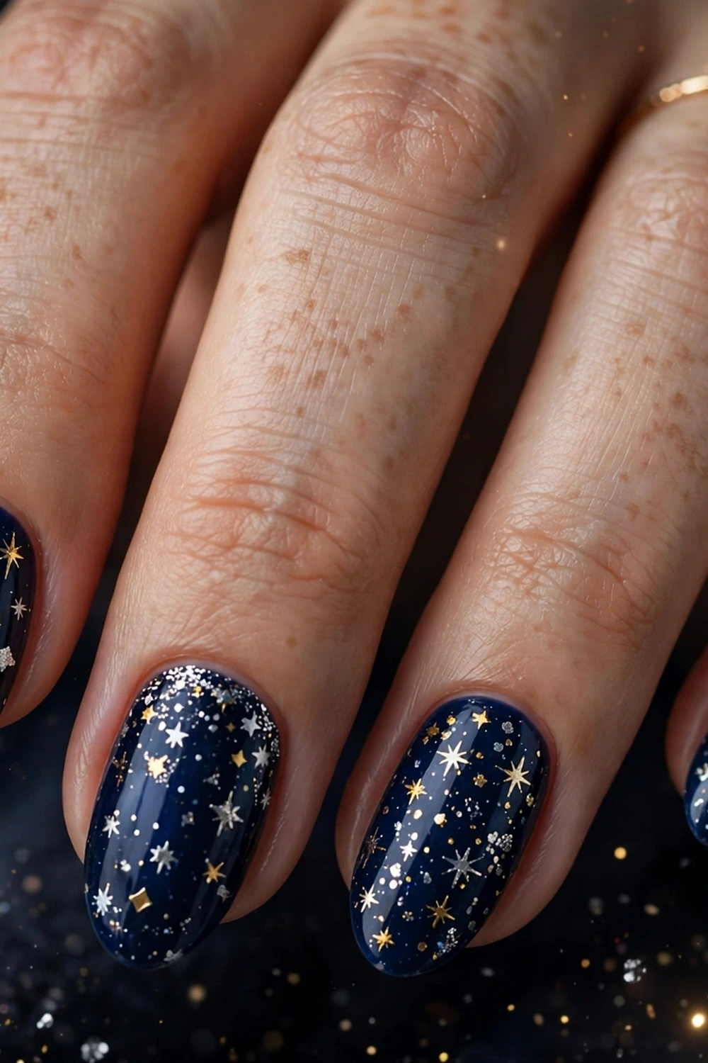 Navy blue starry night new year nail ideas