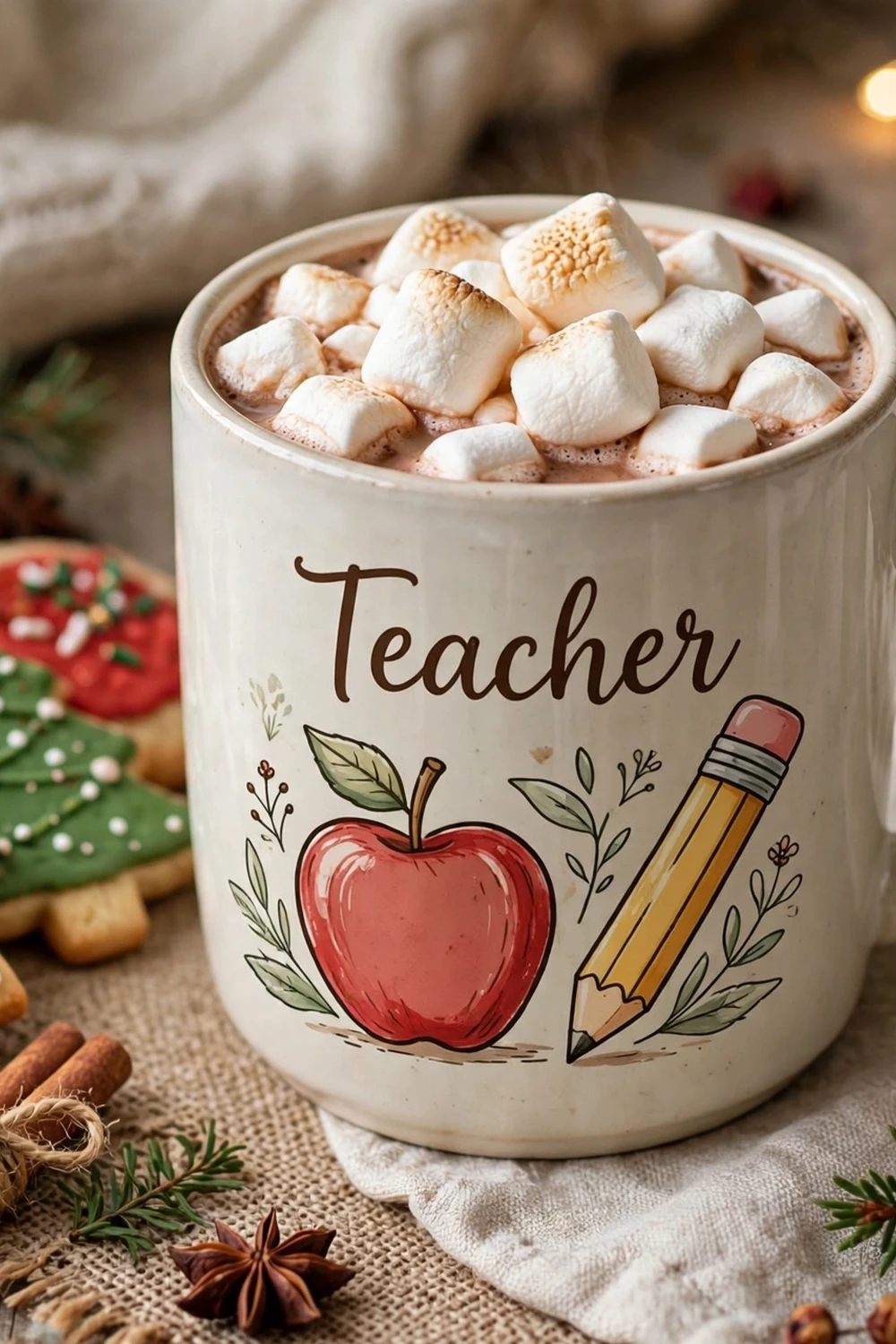 Personalized teacher mug with apple design and hot cocoa, a classic teacher christmas gift