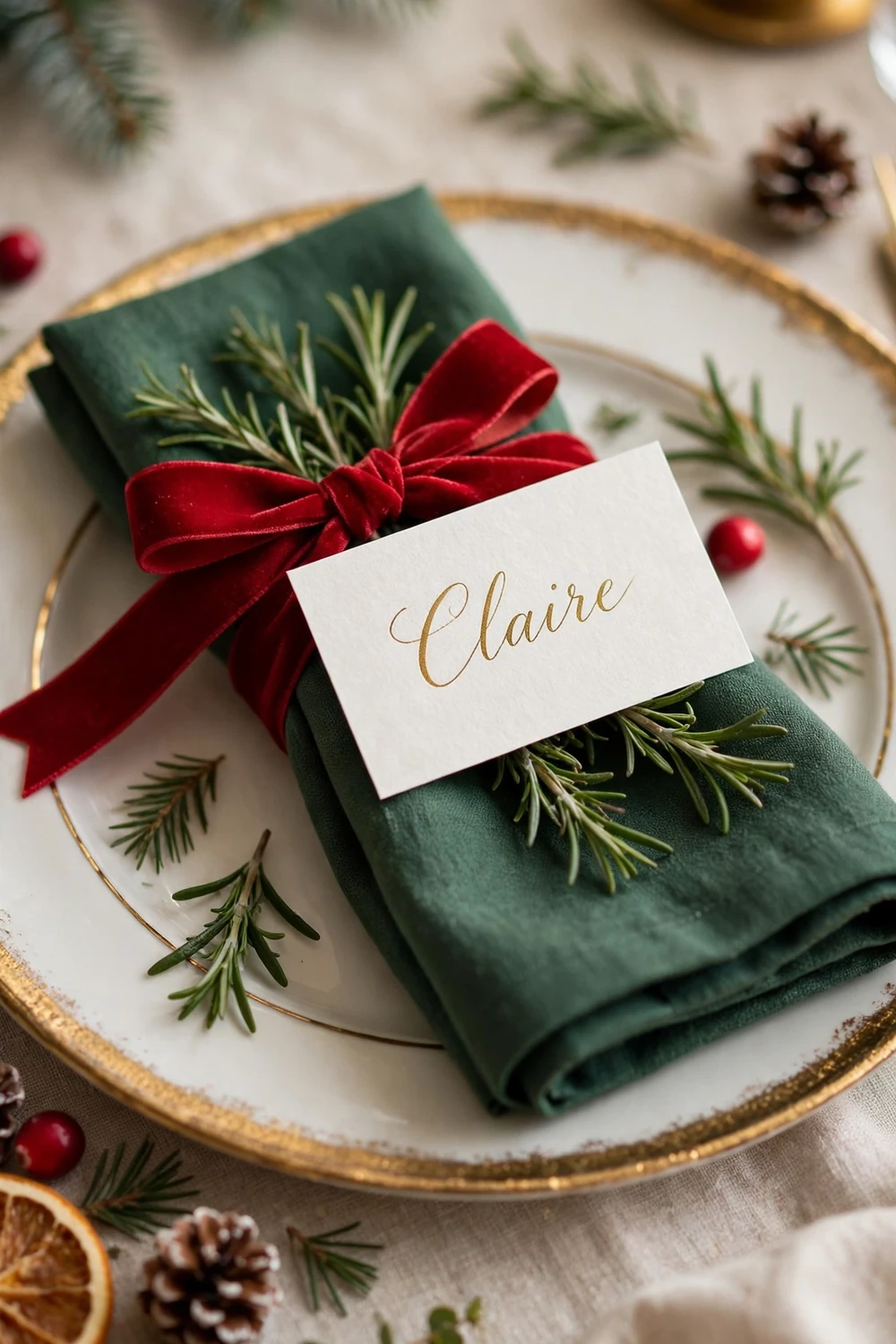 Festive Christmas place settings with gold-rimmed plates, folded napkins, name cards and rosemary sprigs