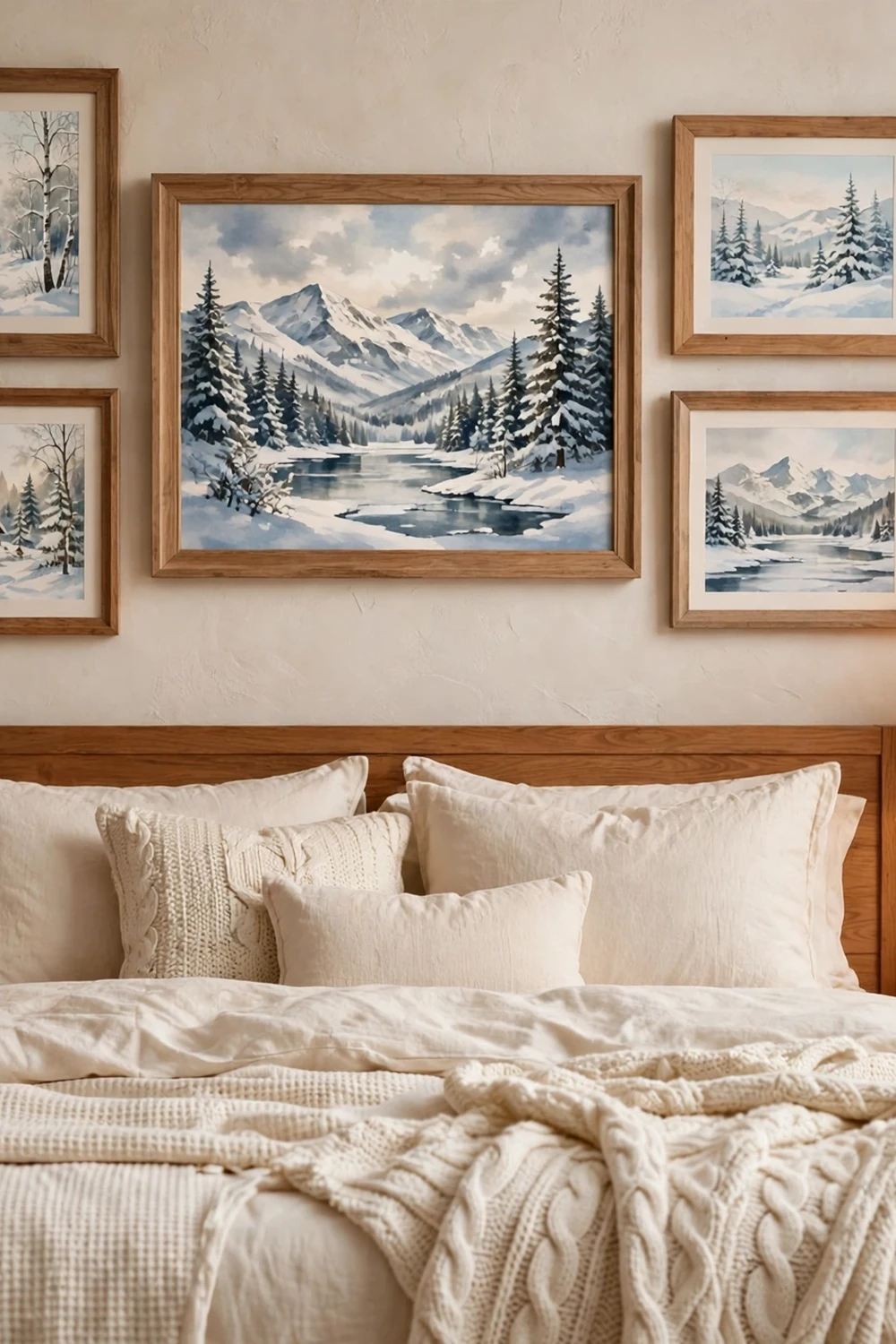 Cozy winter bedroom wall with winter landscape art