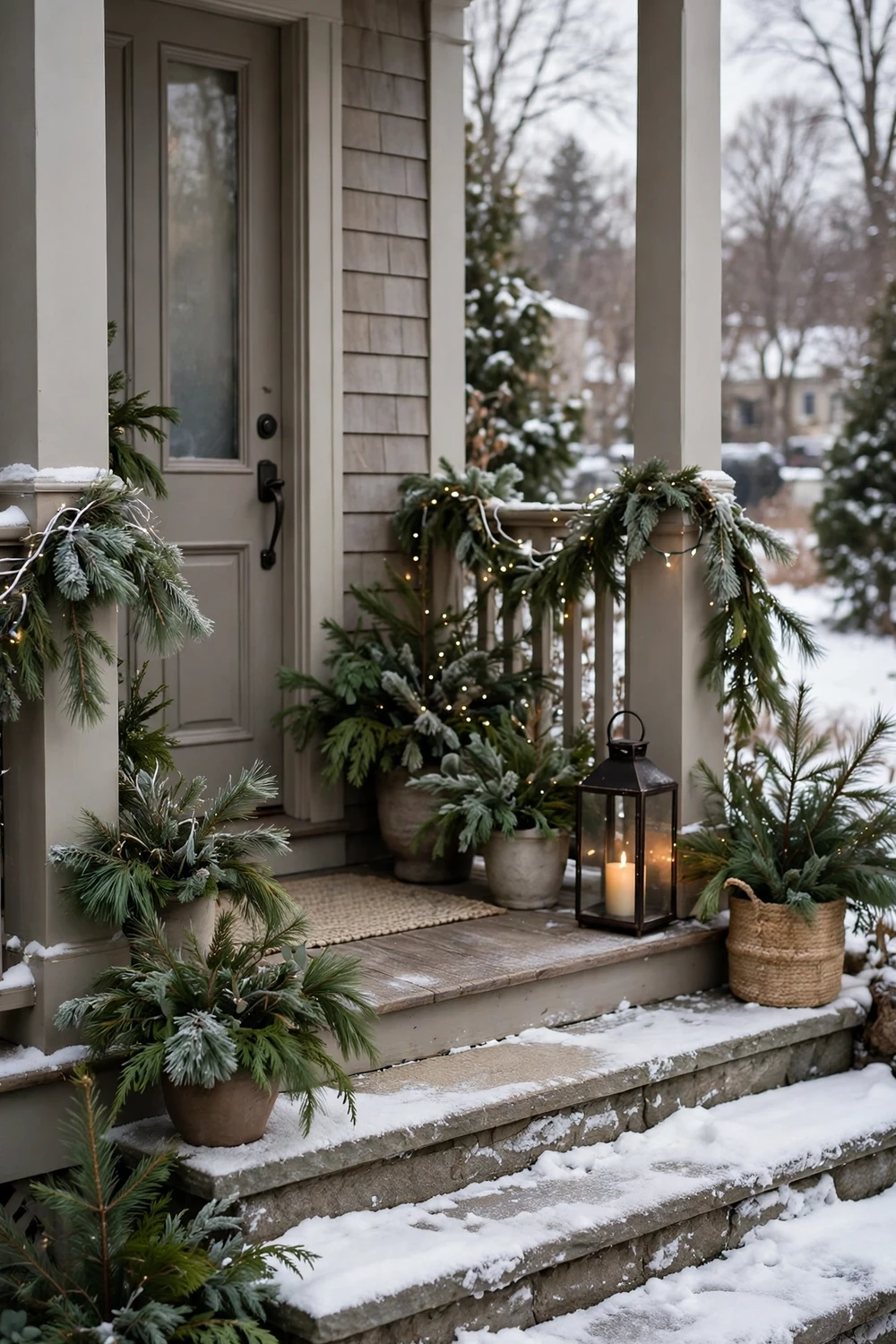 Neutral evergreen winter front porch styled for the whole winter season