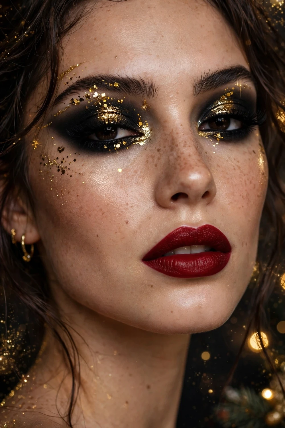 New Year's Eve black and gold drama Christmas makeup look with black smoky eyes and gold glitter