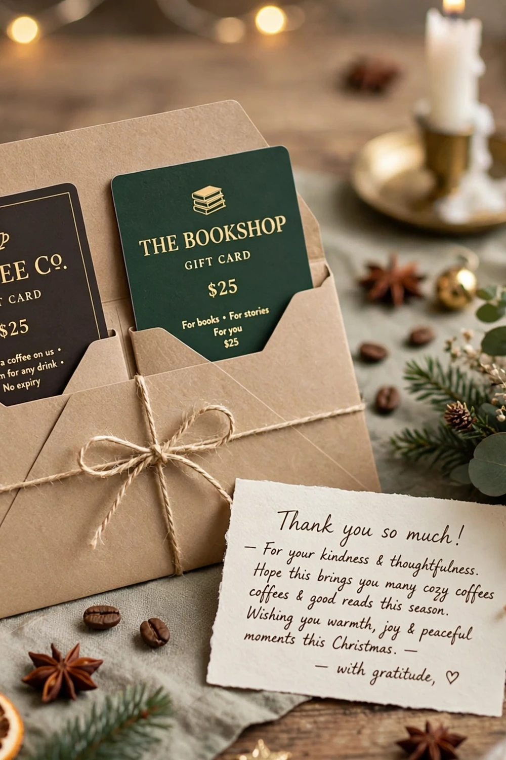 Coffee and bookstore gift cards with a thank you card, a flexible teacher christmas gift