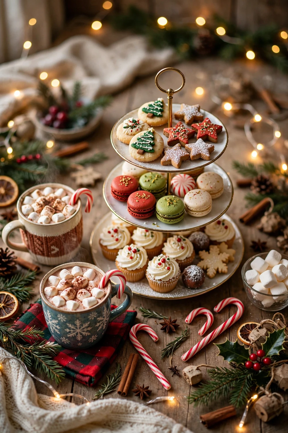 Christmas dessert and hot cocoa table with a tiered cake stand, festive treats and mugs of hot chocolate