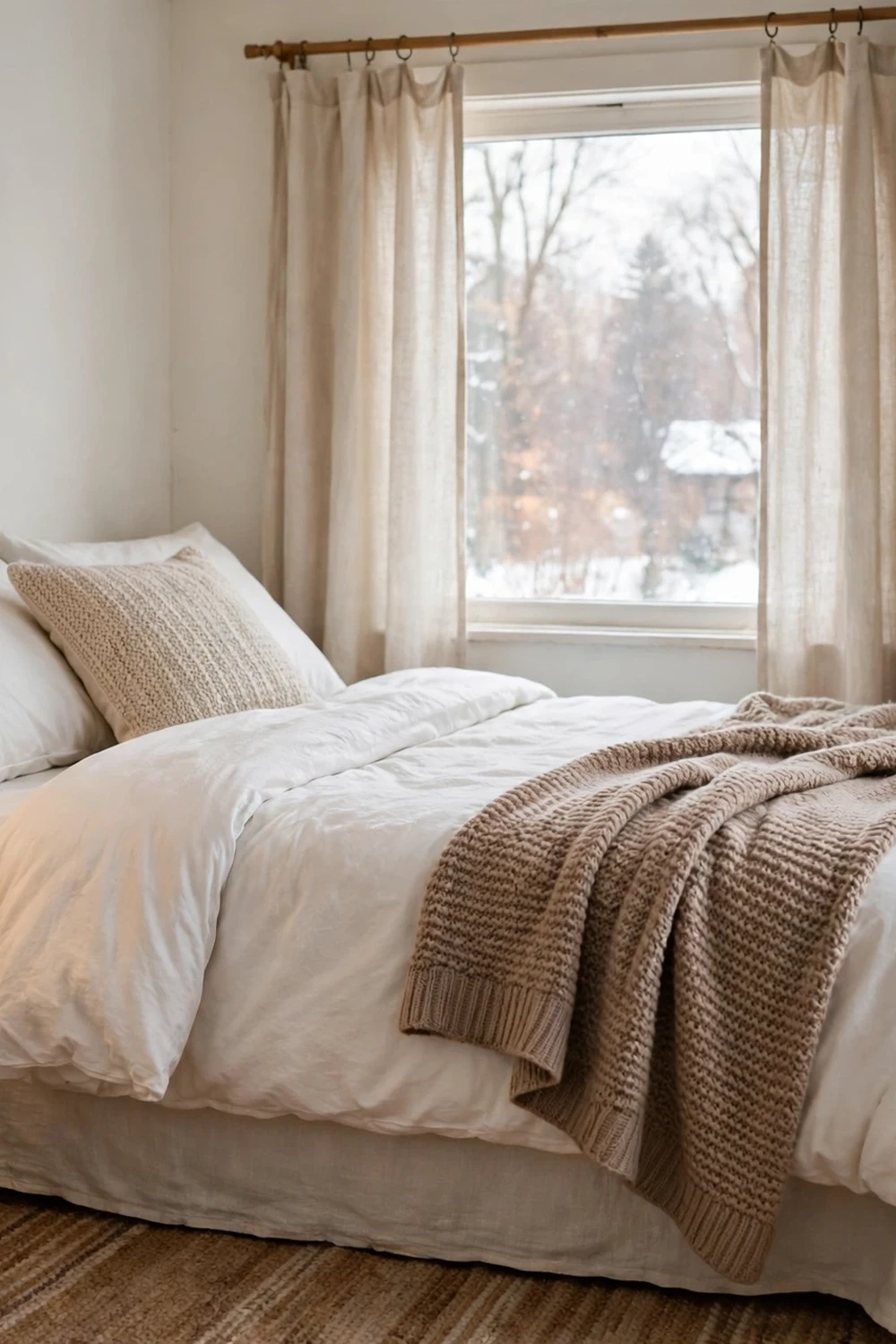 Cozy winter bedroom styled on a budget with throw and lamp