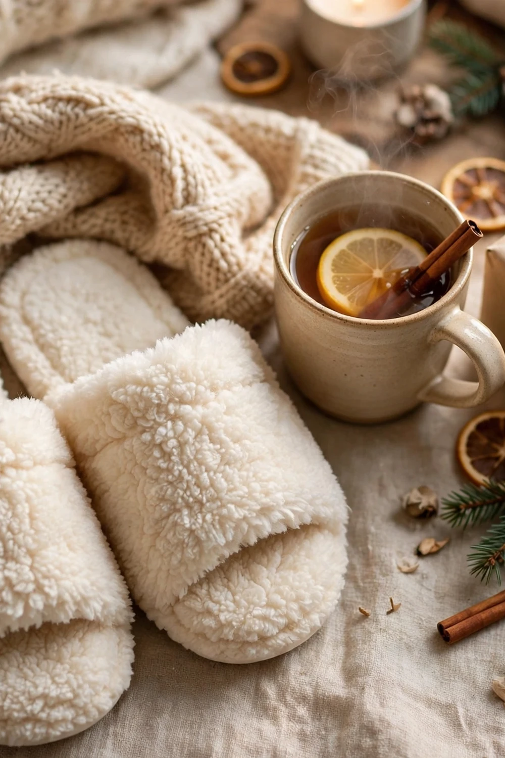Cozy fluffy slippers with a blanket and tea, a relaxing teacher christmas gift