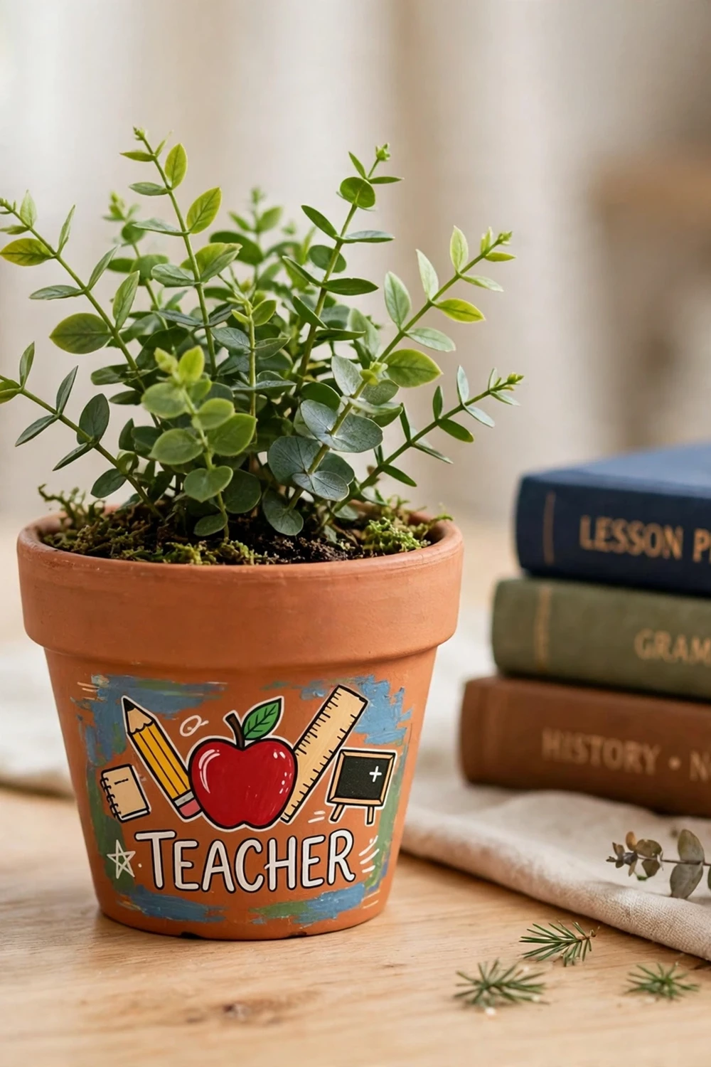 Desk plant in a personalized pot, a fresh cheerful teacher christmas gift