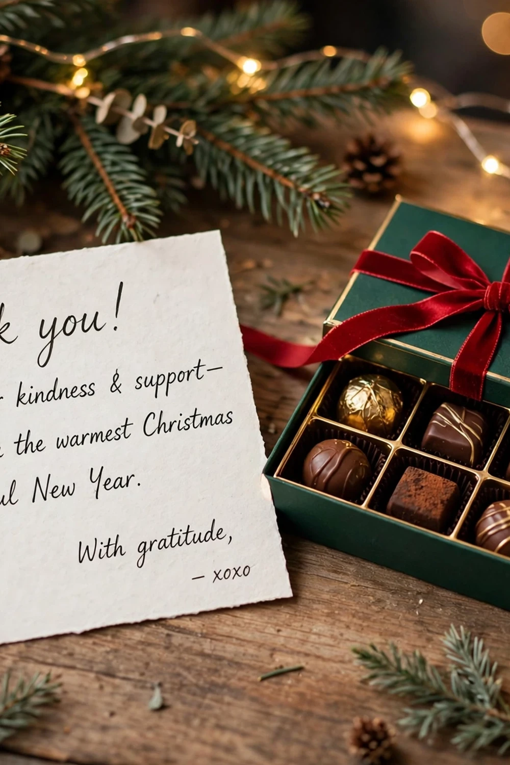 Handwritten thank you card with a small chocolate box, a heartfelt teacher christmas gift