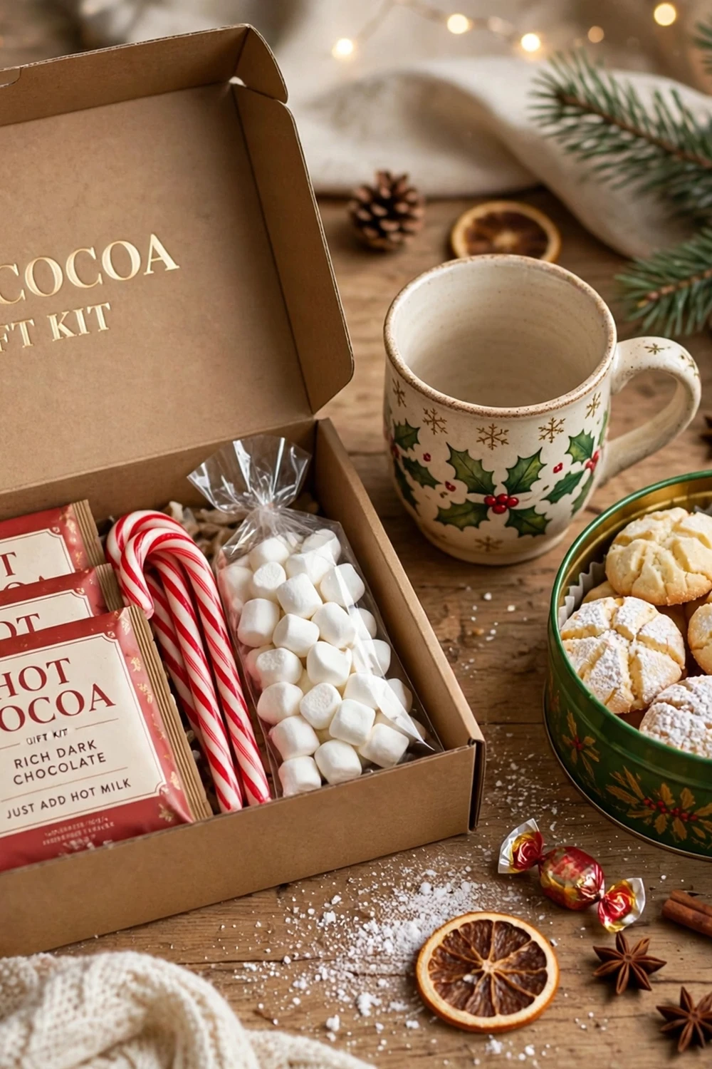 Hot cocoa kit with marshmallows and holiday cookie tin, a sweet teacher christmas gift