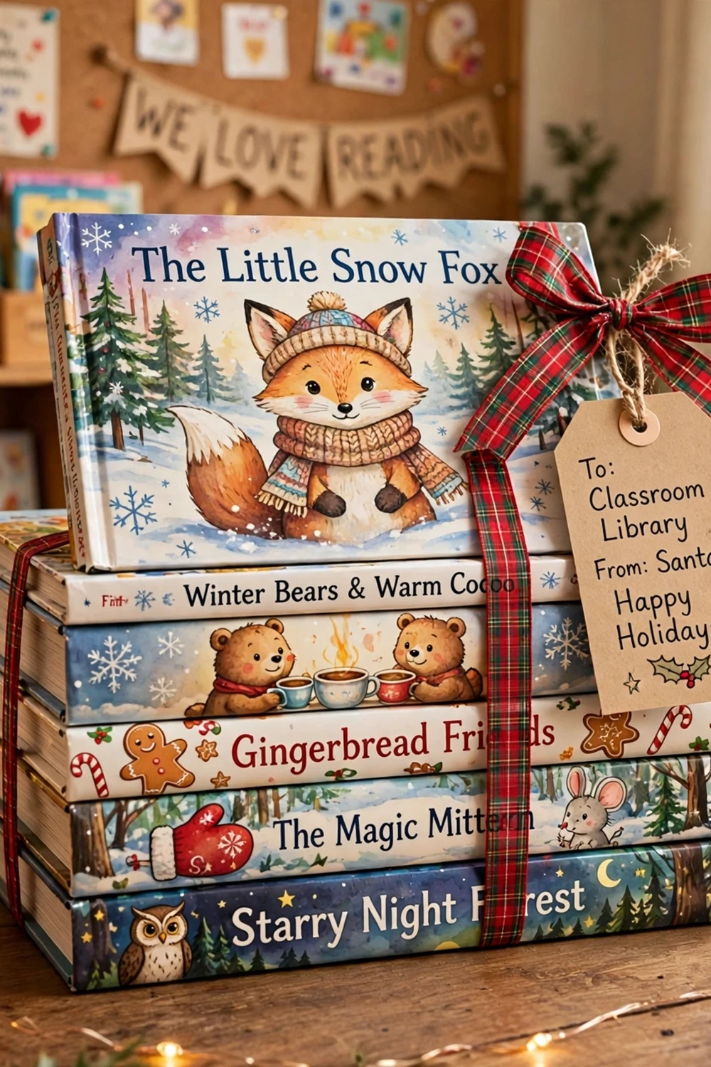 Stack of children's story books tied with ribbon, a classroom book donation teacher christmas gift