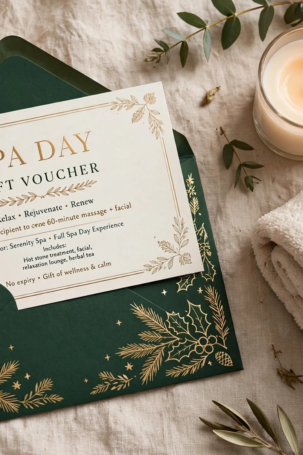 Spa day gift voucher with towel and candle, a whole-class group teacher christmas gift