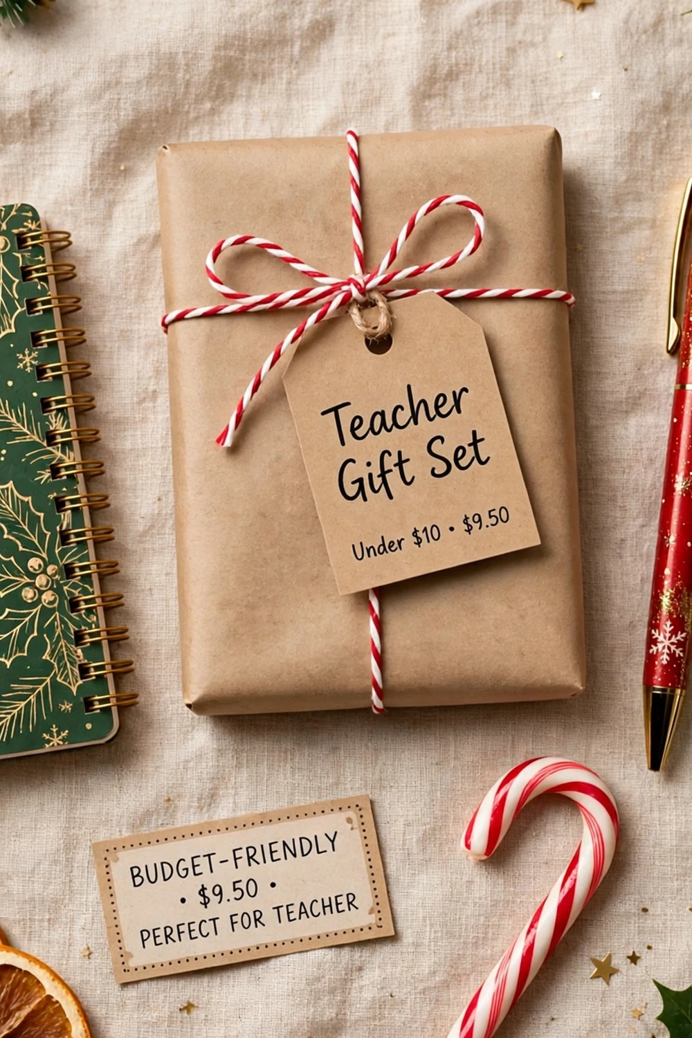 Budget-friendly festive pens and mini notebook gift set, an affordable teacher christmas gift