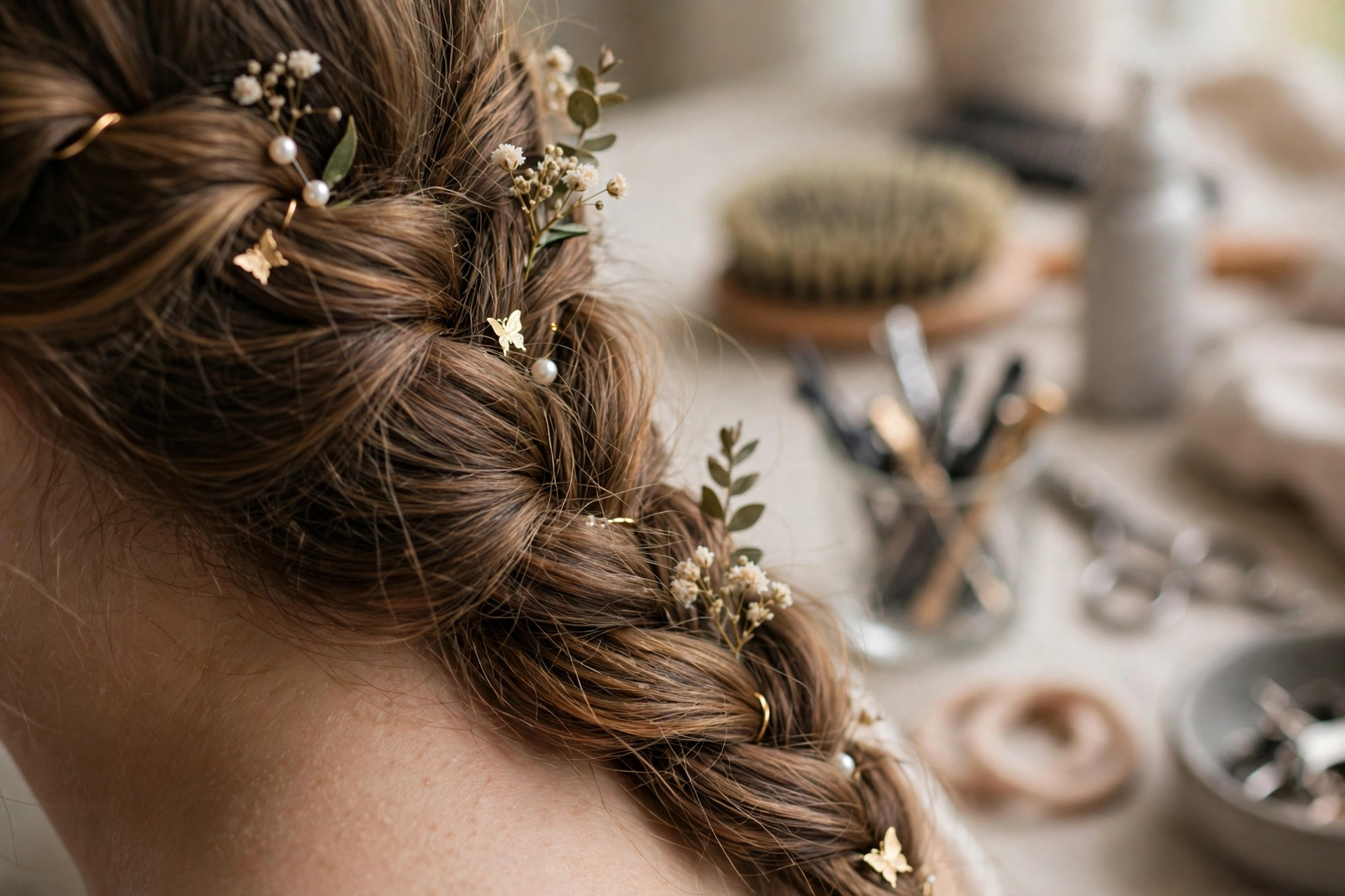 Chic hairstyles — close-up of a loose braid with hair accessories