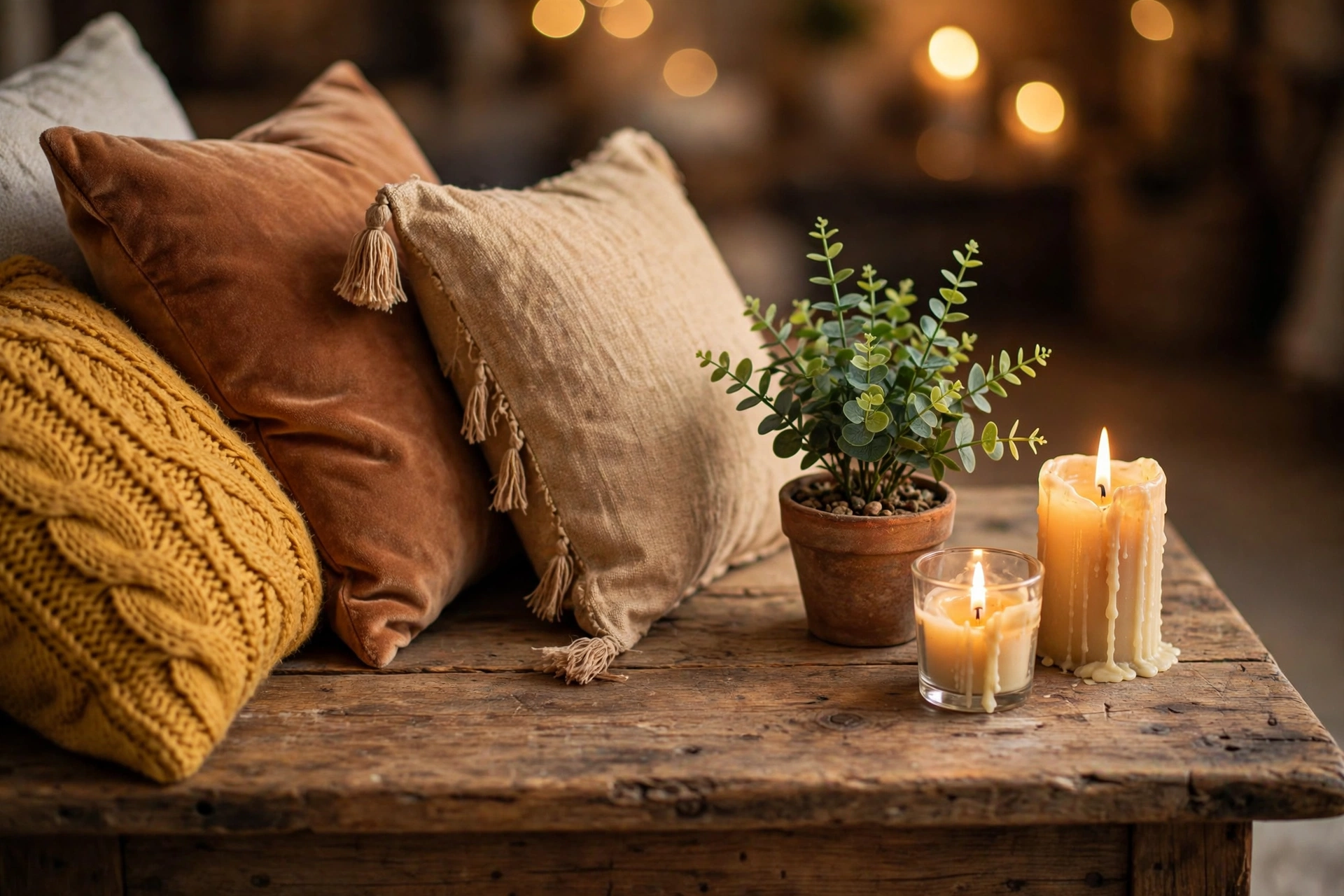 DIY home decor styling tips vignette — throw pillows, small plant and candles on a wooden side table