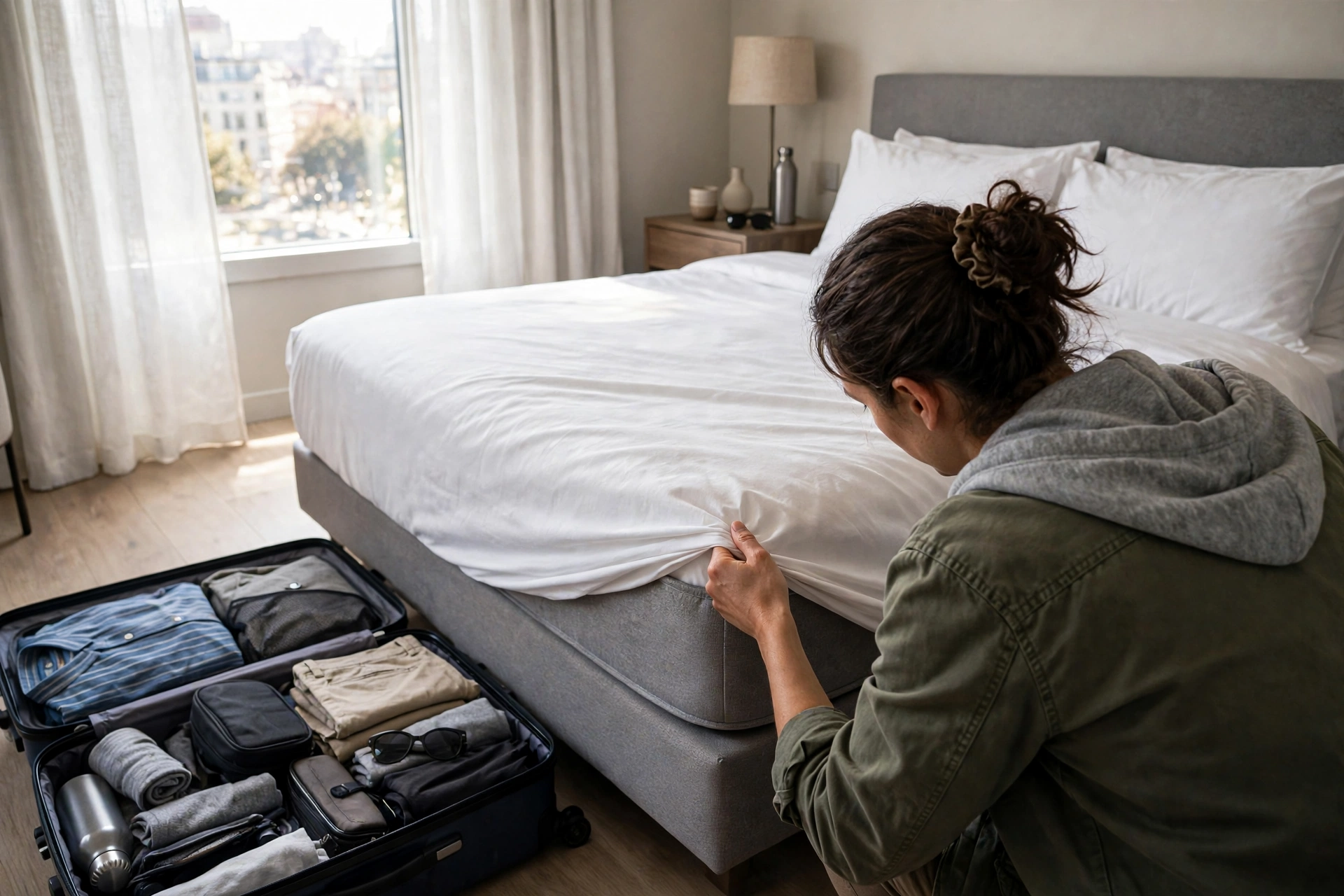 A traveler starts to inspect their hotel room by checking the mattress and bedding