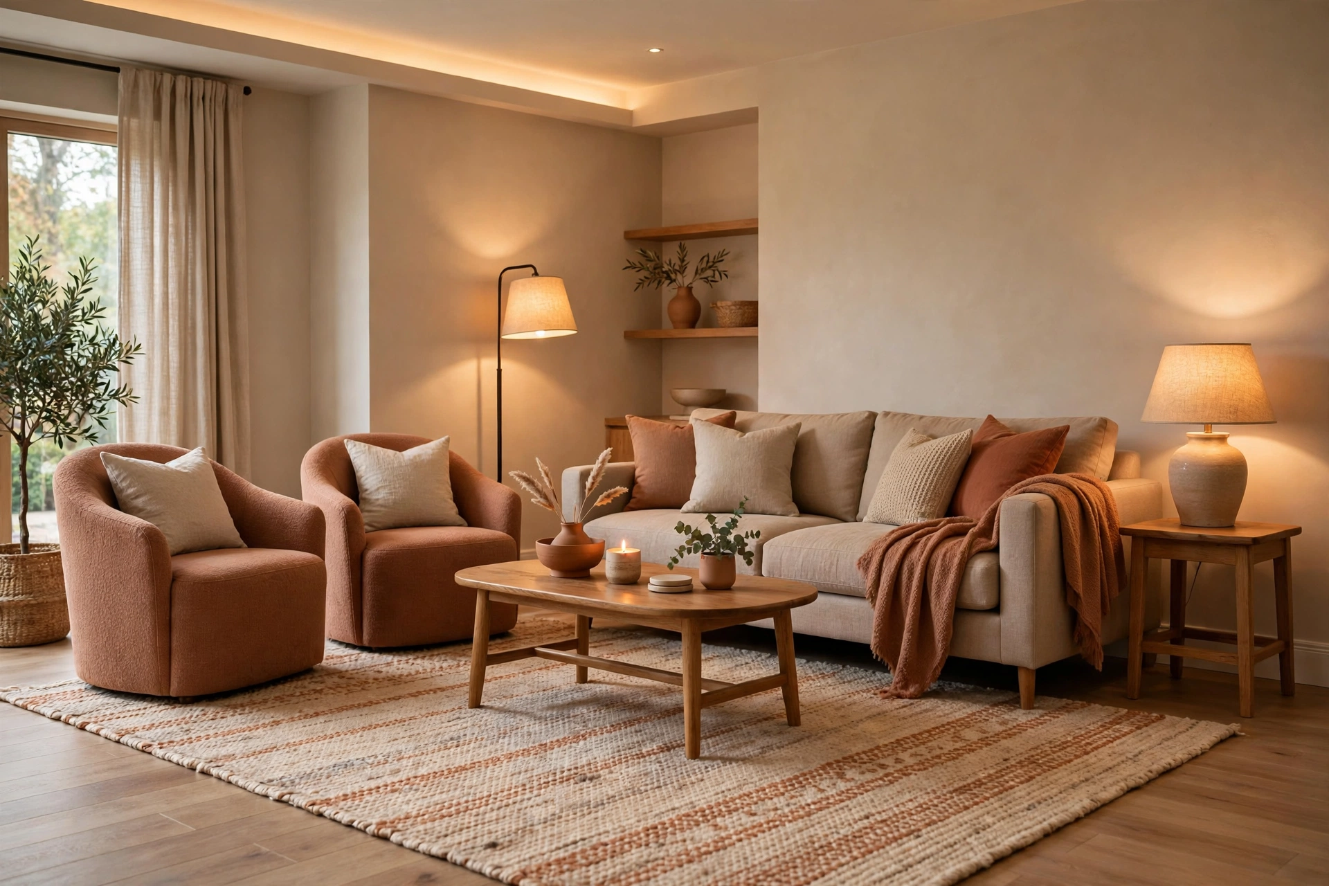 Cozy living room with layered lighting showing how to fix interior design mistakes