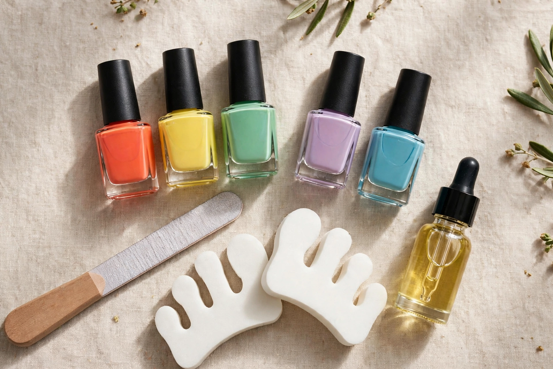 Pedicure essentials flat lay — pedicure secrets tools for home and salon care