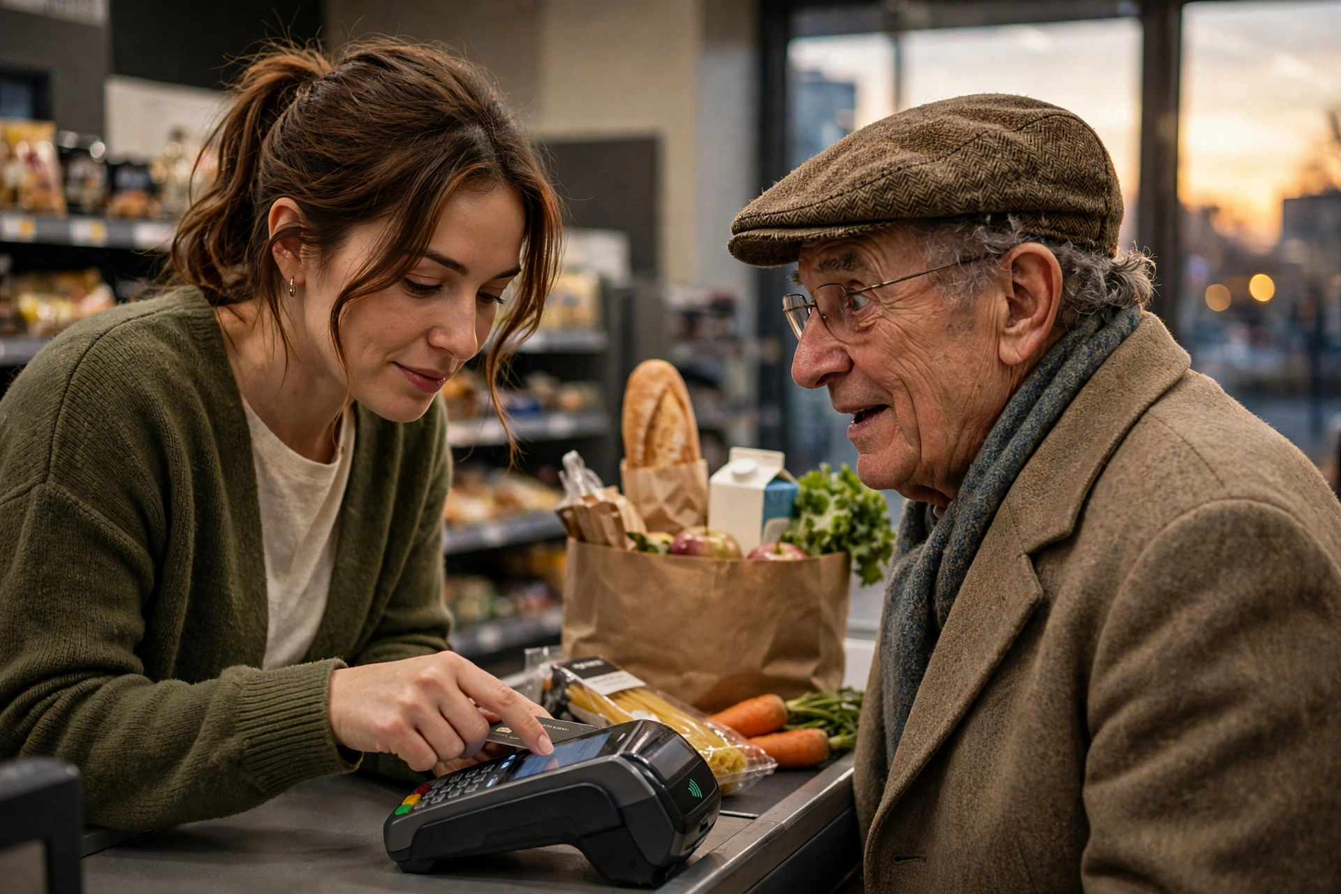 random acts of kindness stories - a young woman paying for an elderly man's groceries at a supermarket checkout