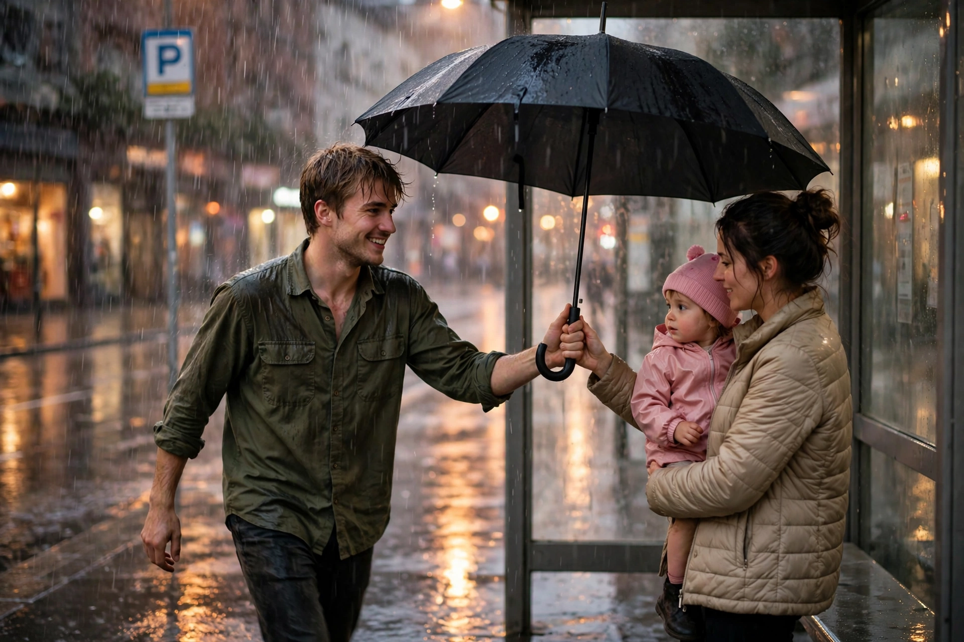 random acts of kindness stories - a stranger giving his umbrella to a mother and her child in the rain
