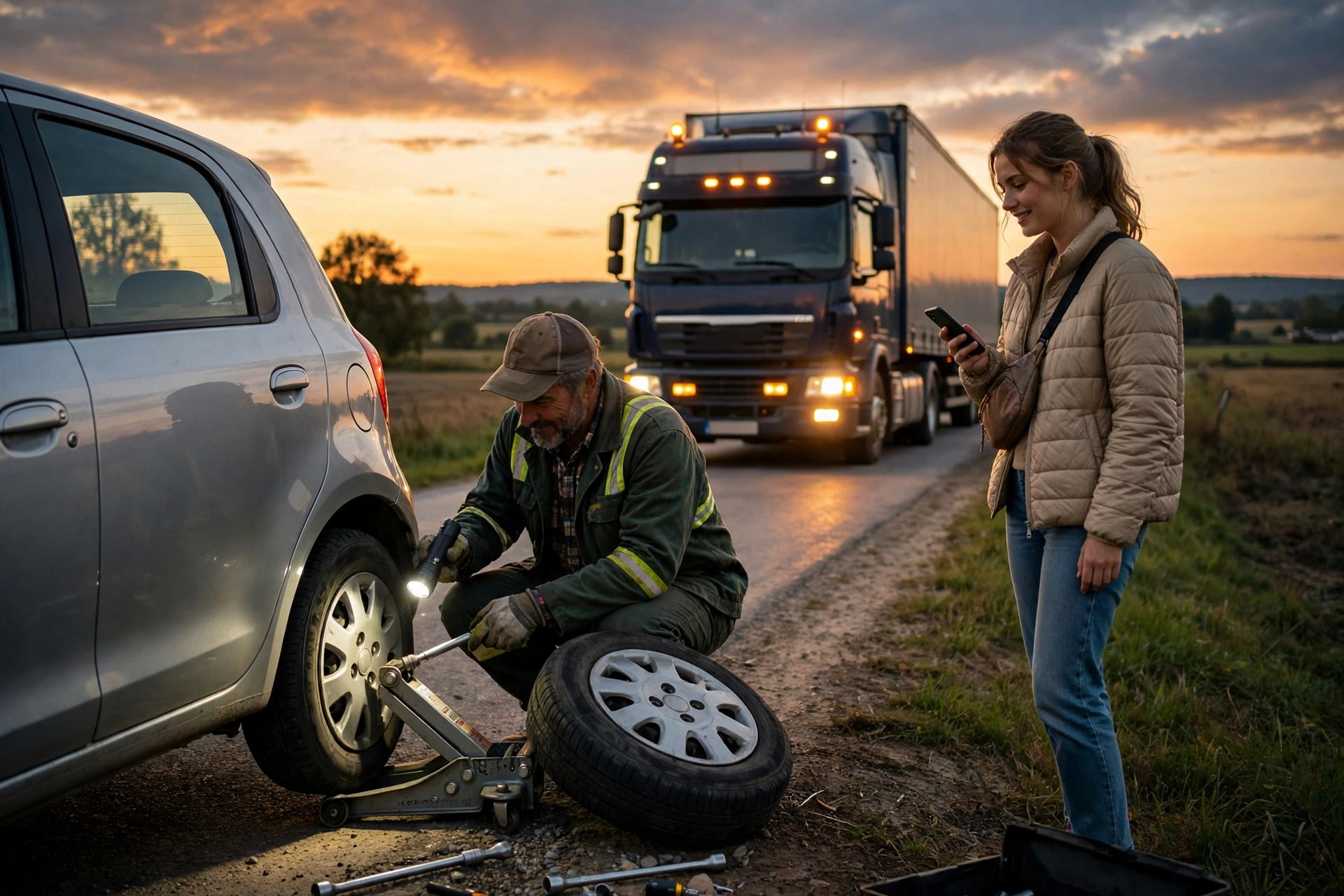 random acts of kindness stories - a truck driver changing a stranger's flat tire on a dark road at dusk