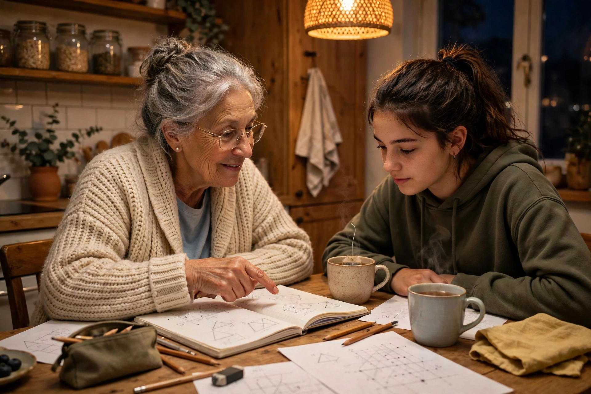 random acts of kindness stories - a retired teacher tutoring a young girl for free at a kitchen table