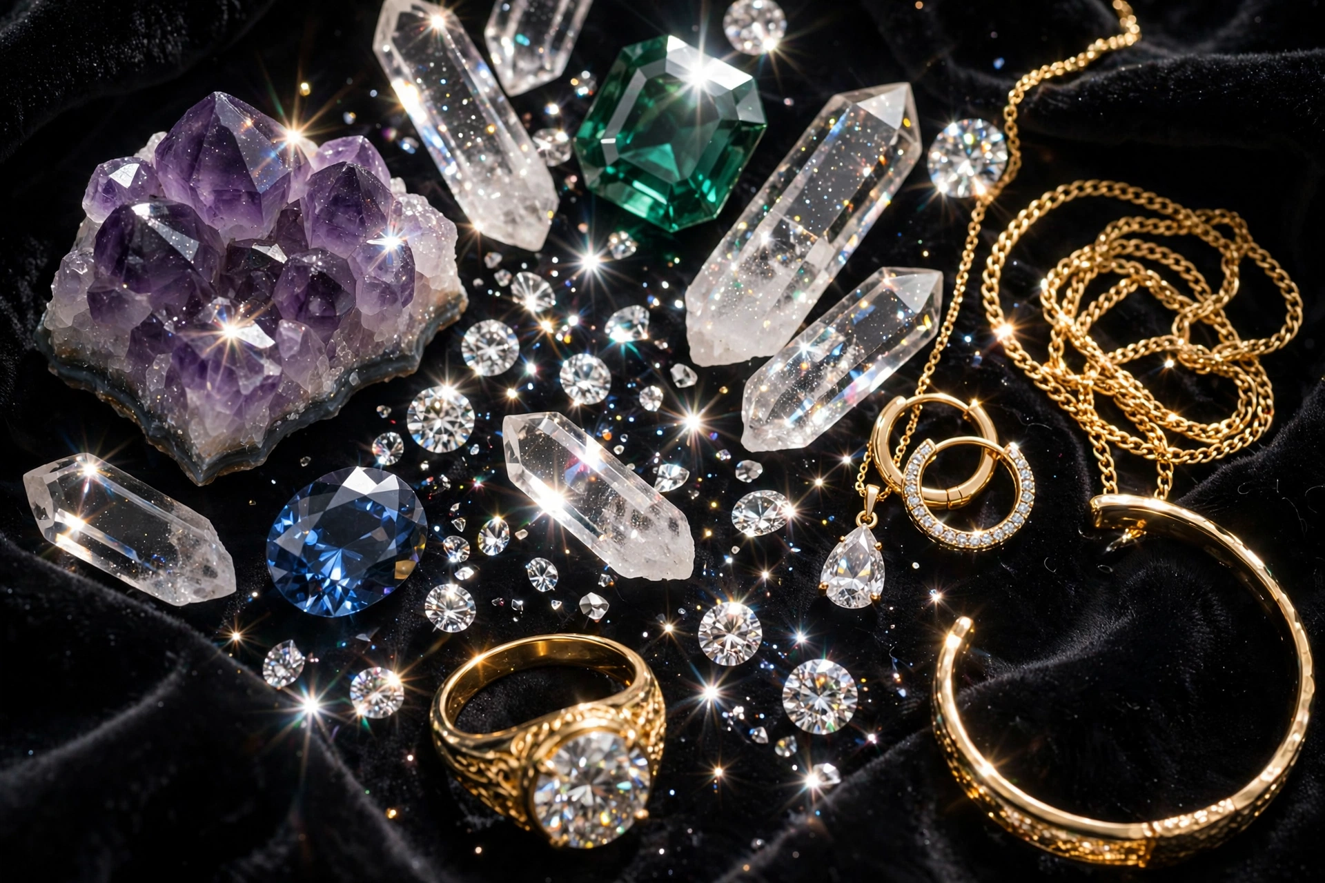 Sparkling crystal gemstones and gold jewelry flat lay on black velvet inspired by the Fantasy Bra