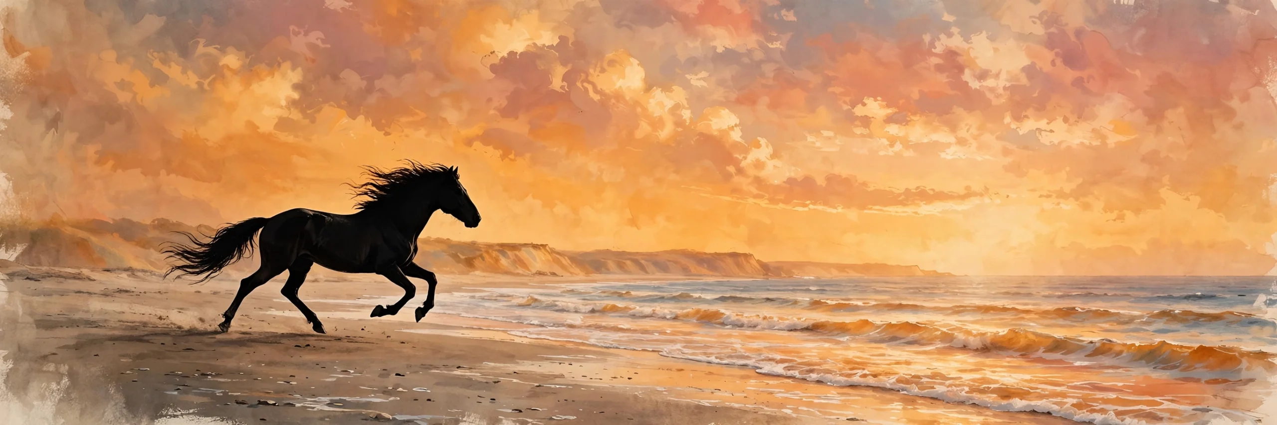 Horse silhouette on a beach at sunset editorial illustration for the Wild Horses campaign