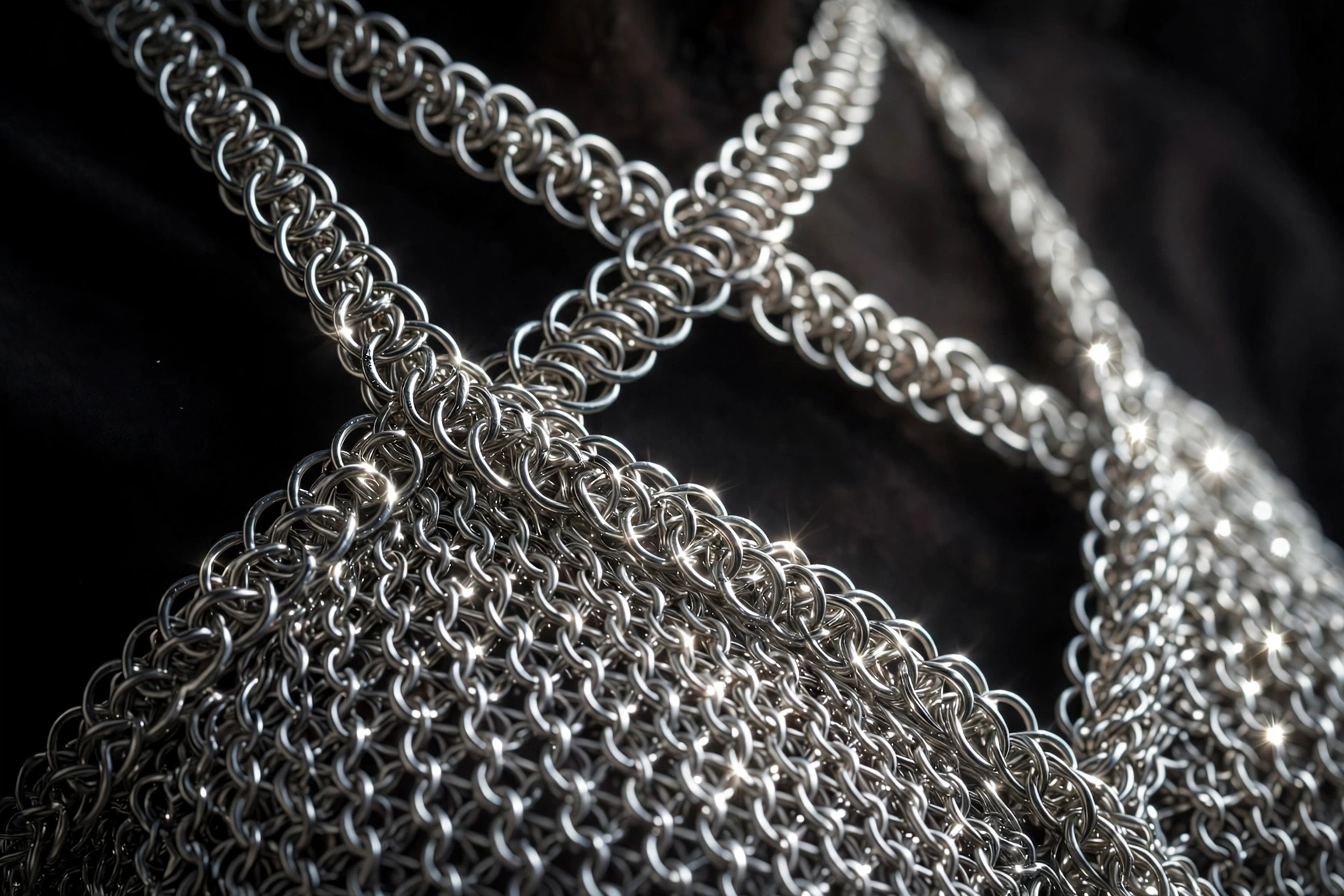 Silver chainmail style metallic halter top detail close up fashion texture