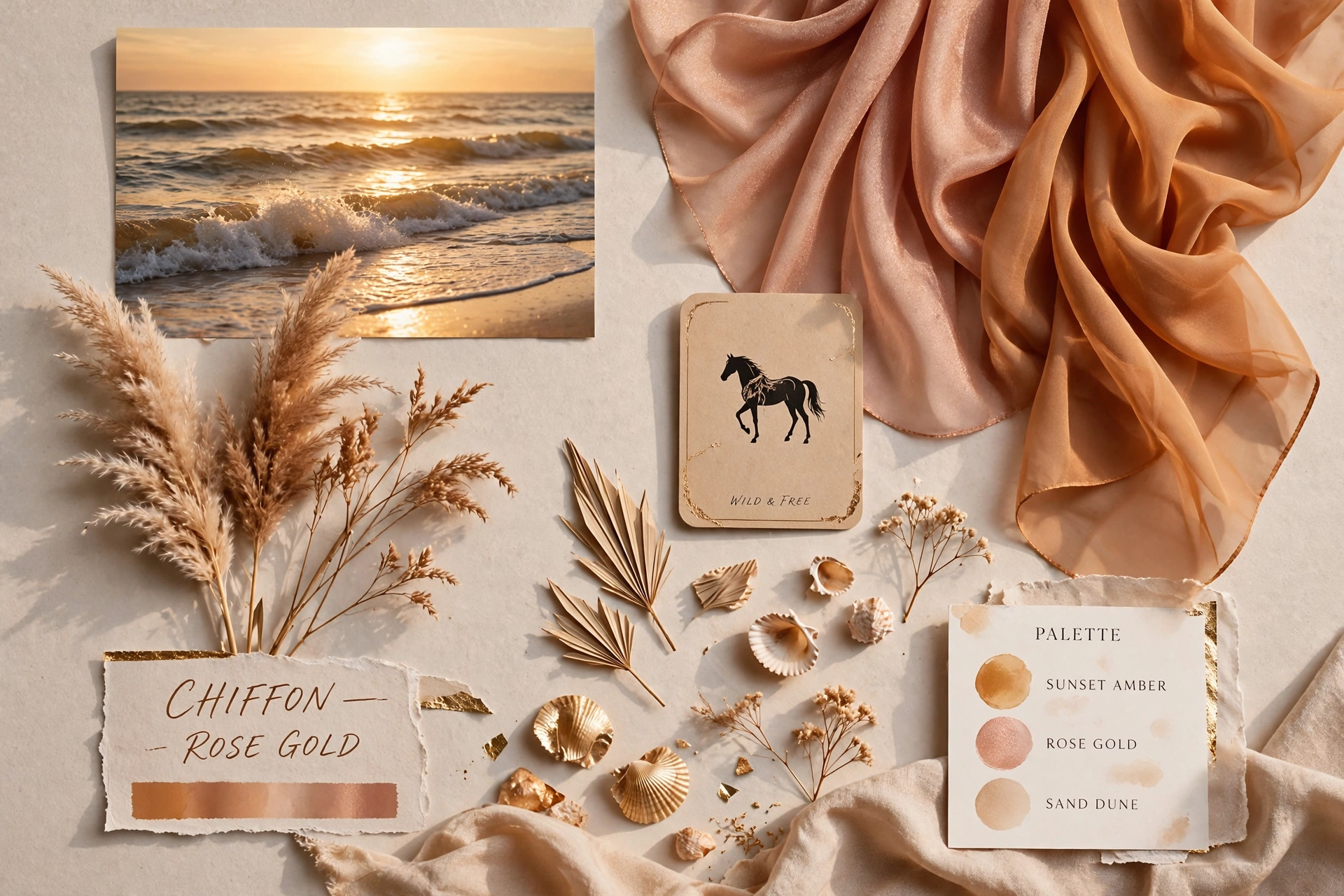 Sunset beach fashion mood board collage with golden hour ocean and flowing fabric