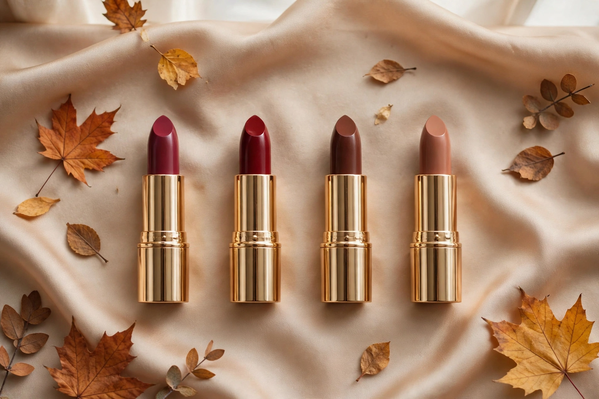 Fall lipstick colors 2026 flat lay of berry oxblood brown and toffee nude lipstick bullets