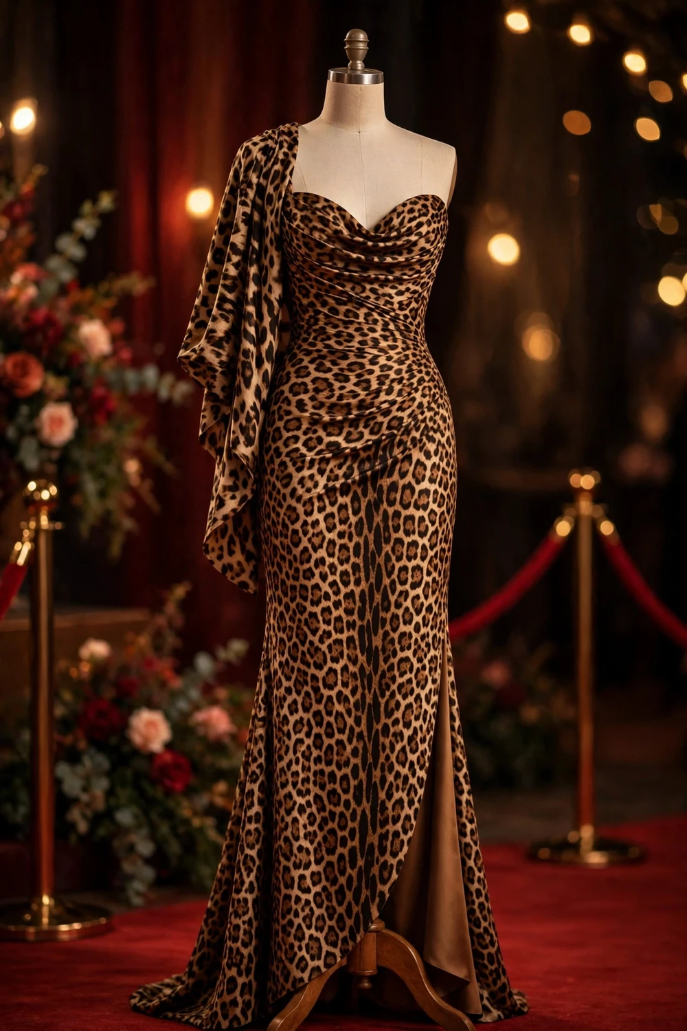Generic illustration of a leopard print evening gown with matching shawl on a dress form