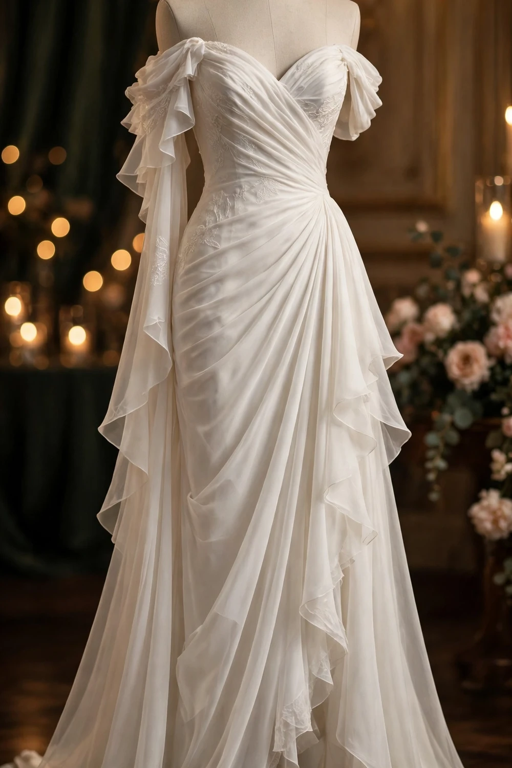 Generic illustration of a white off-shoulder evening gown on a dress form