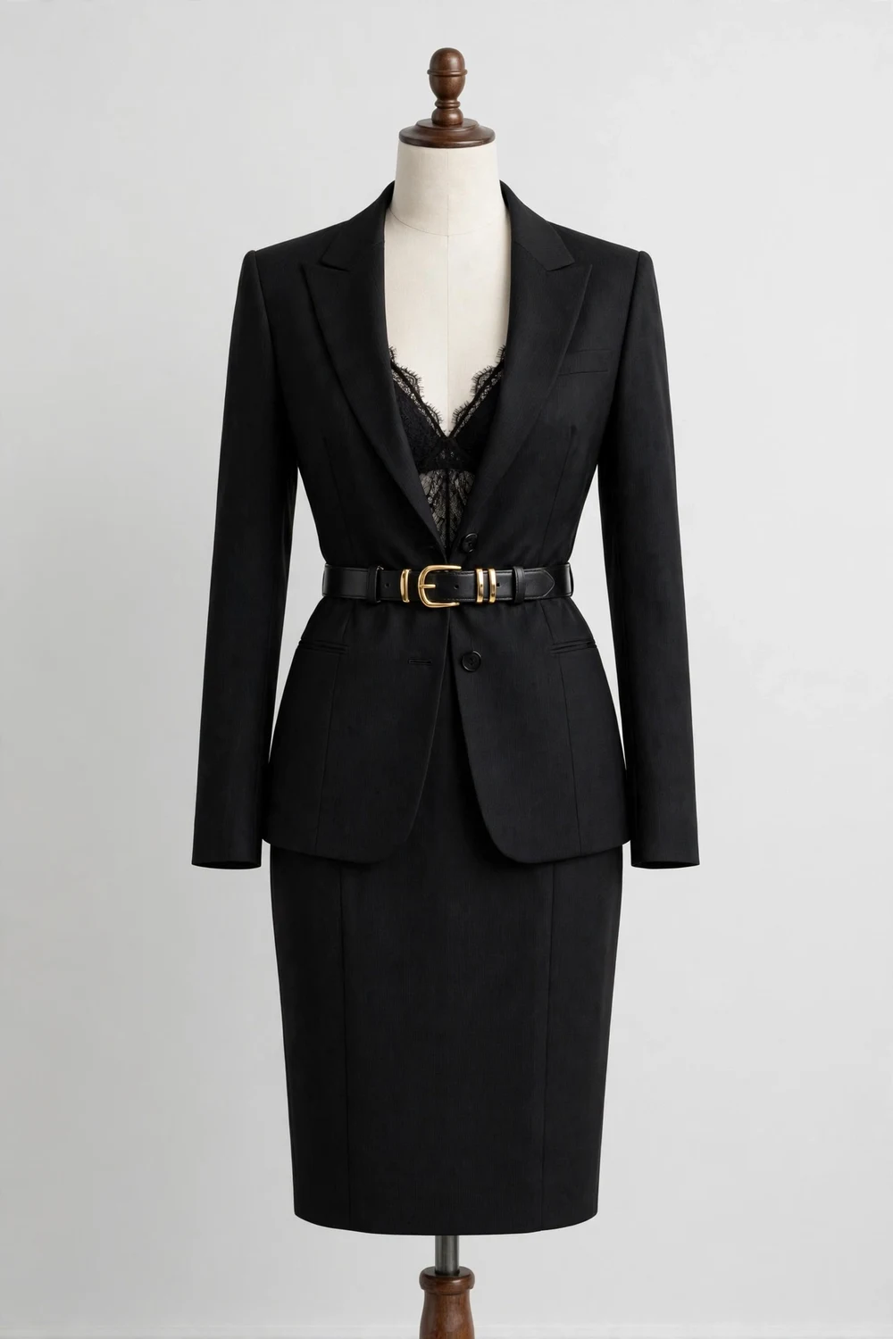 Generic illustration of a black tailored skirt suit with black bra top and belted waist on a dress form