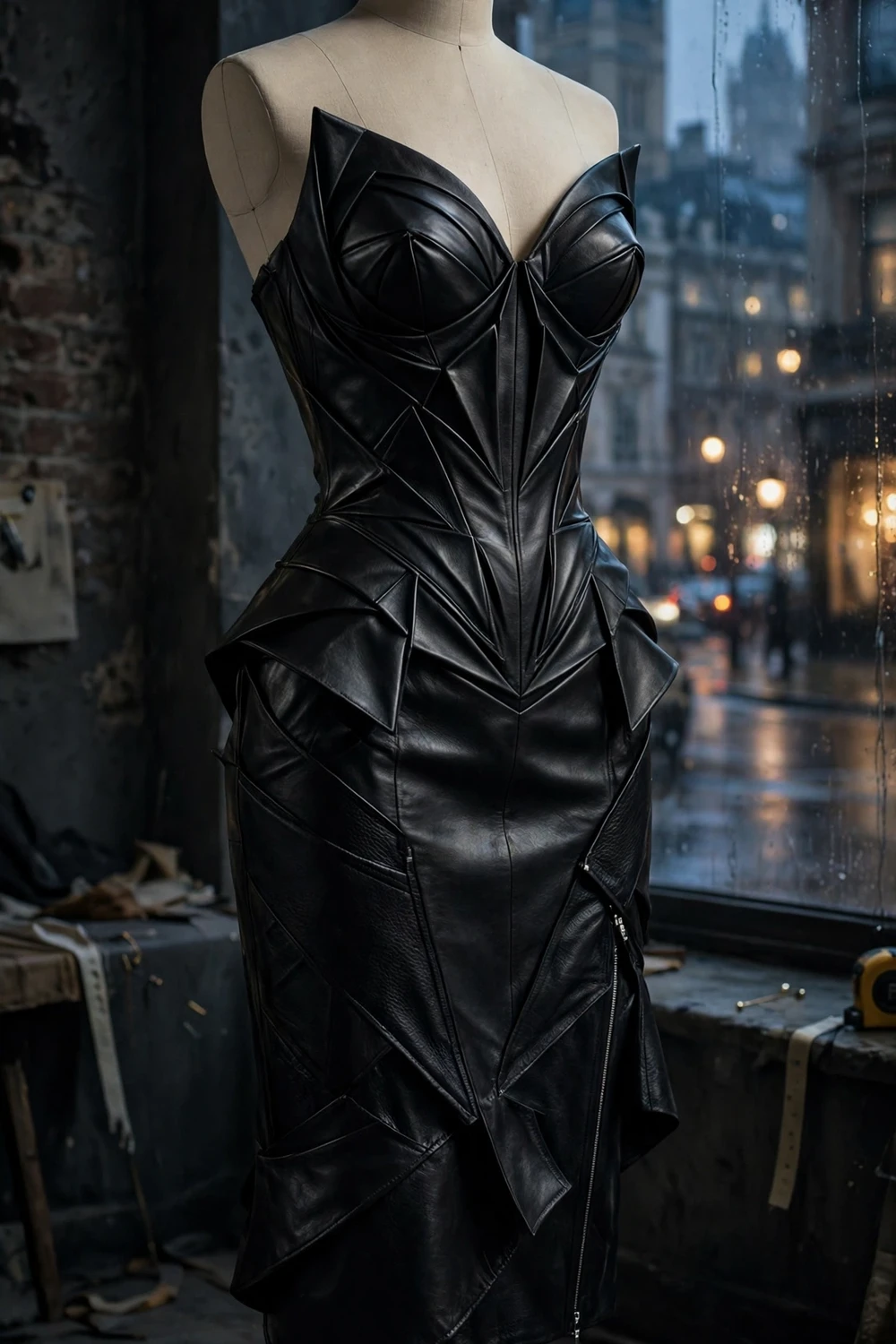 Generic illustration of a black leather evening dress on a dress form