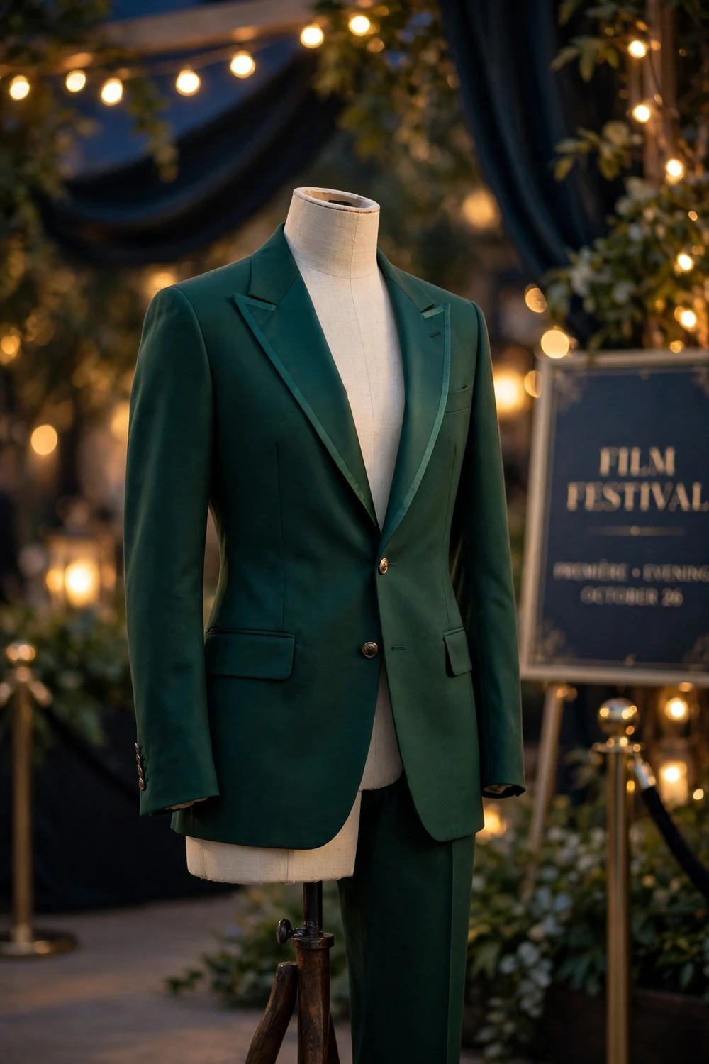 Generic illustration of an emerald green tailored suit on a dress form