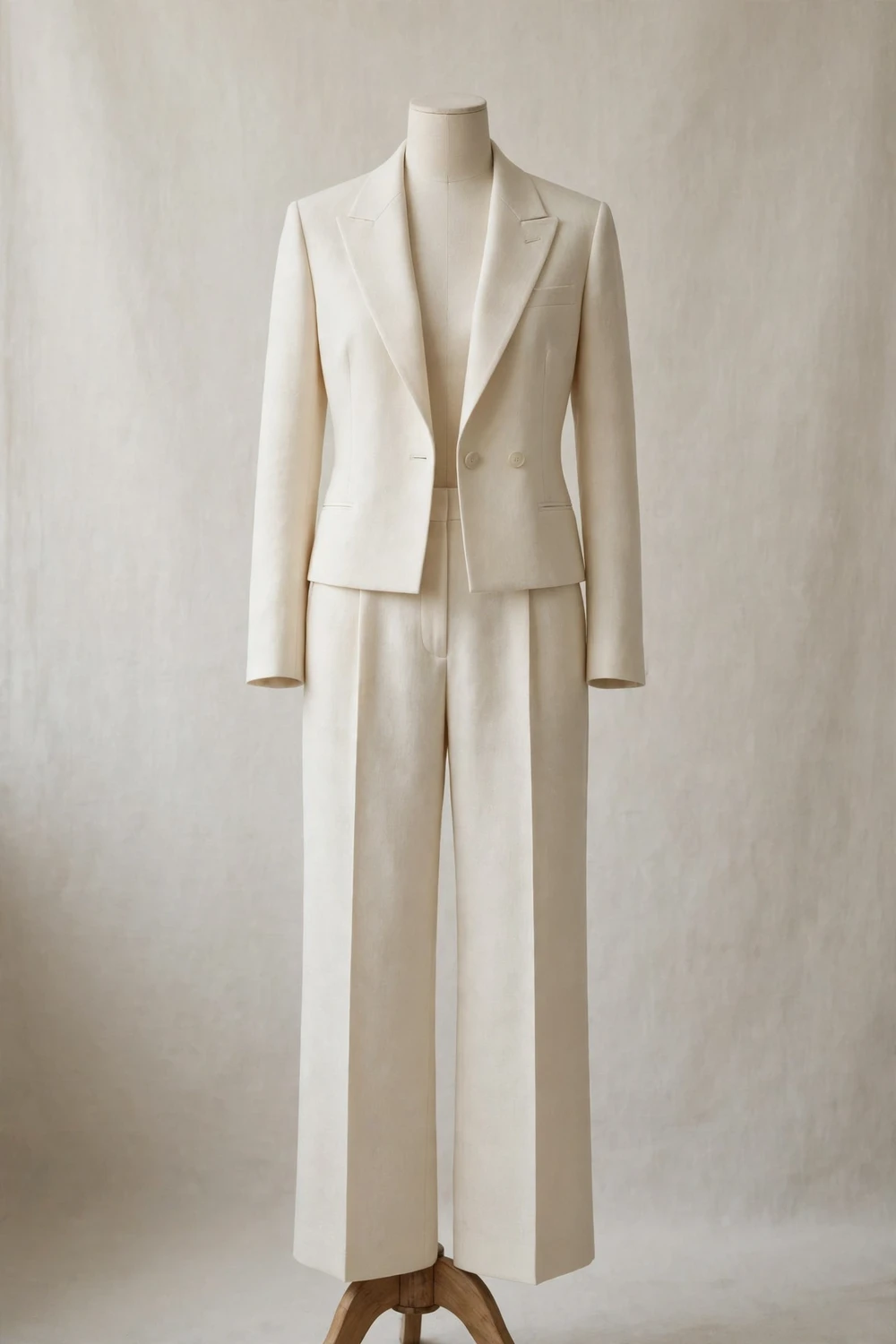 Generic illustration of a minimal cream coordinated tailored outfit on a dress form