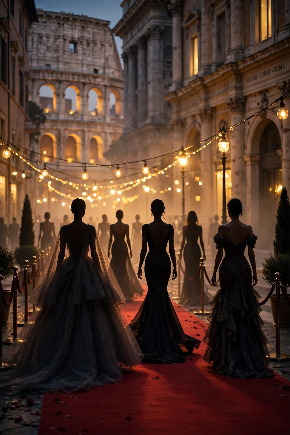Generic illustration of a glamorous Rome red carpet scene with gown silhouettes and golden lights